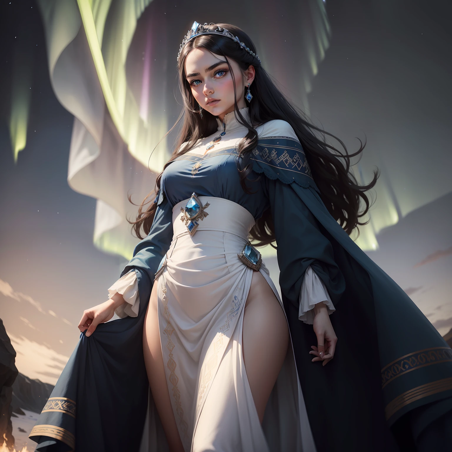 An acient history woman with bright Aurora wide and beautiful eyes. With Dark hair and hair bright beautiful masterpieces jewelleries. With White and blue colour long dress. Under the Iceland Empire. Like a queen. Under the August blue moon night sky. Square face, blavk and thich eyebrows.