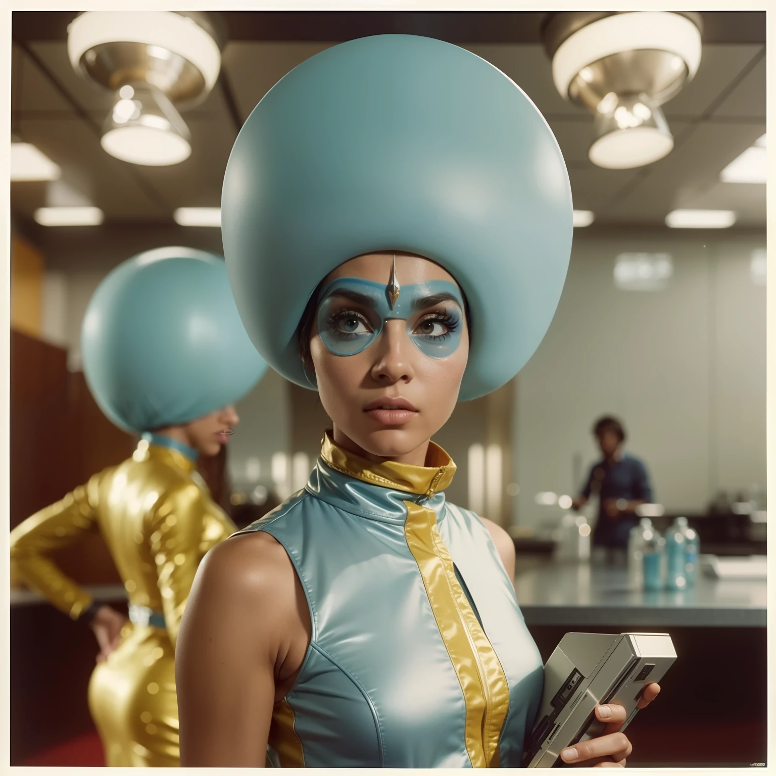 4k image from a 1970s science fiction film, imagem real, Estilo Wes Anderson, pastels colors, people wearing retro-futuristic fashion clothes and futuristic technological ornaments and devices in the cafeteria, luz natural, cinemactic, Psicodelia, futurista estranho, retro-futurista, photo-realistic, olhos reais, perfect hands, cabelo perfeito, ricos detalhes do rosto, hiper detalhado, hyper realistic, textura real da pele, texturas de tecido real, Sharp background details, sharp render, Sci-fi dos anos 1970,