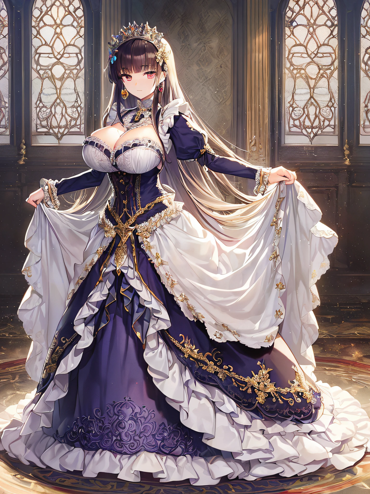 ((anime artstyle)),(Masterpiece),(Best Quality), (Super Detail),((Very Delicate and Beautiful)),((Solo)),((full body)),((1 princess in gorgeousfull victorian dress)),many ruffles,detailed face and eyes,jewel-like eyes,((voluminous Very Long Straight Hair)),((gorgeousfull embroidery and lace)),gorgeous corsage,See-through,gorgeousfull hair ornament,gorgeousfull glitter jeweled tiara,ornate ruffles,((gigantic breasts,Long breasts)),skindentation,((full body)),((hoop skirt,crinoline)),standing pose,Dynamic Angle,Looking at viewer,royal victorian palace,(((gorgeous embroidery gorgeousfull victorian dress)),full body