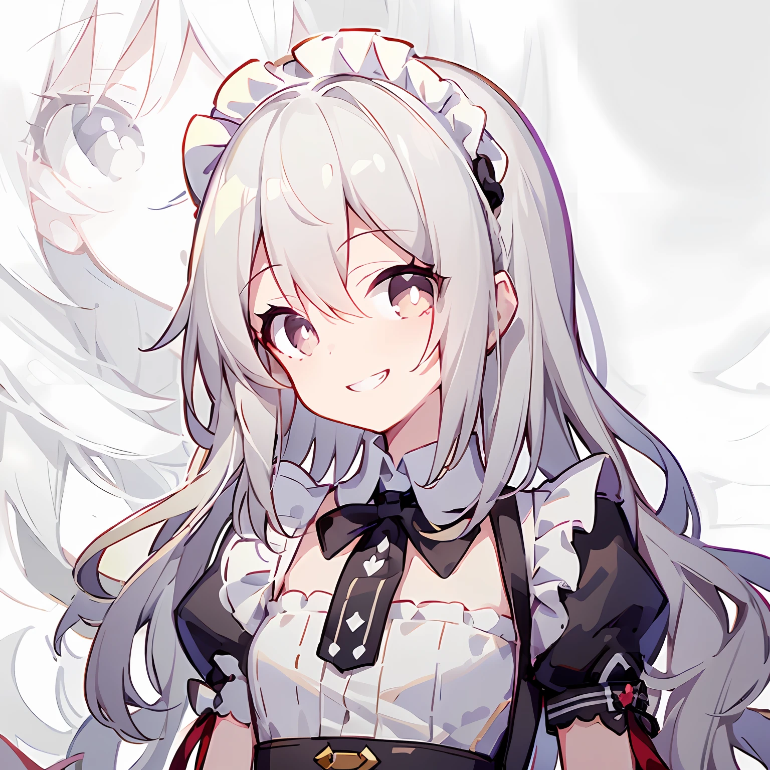 hcnone, Pixel art, Masterpiece, pix, 1girll, Beige gray hair, White hair, Dark eyes, Petite, Small chest, Face only, view the viewer, Profile picture, ssmile,grin, Tsundere, ahoge, Anime style, Cute, Simple background, white backgrounid,the maid outfit