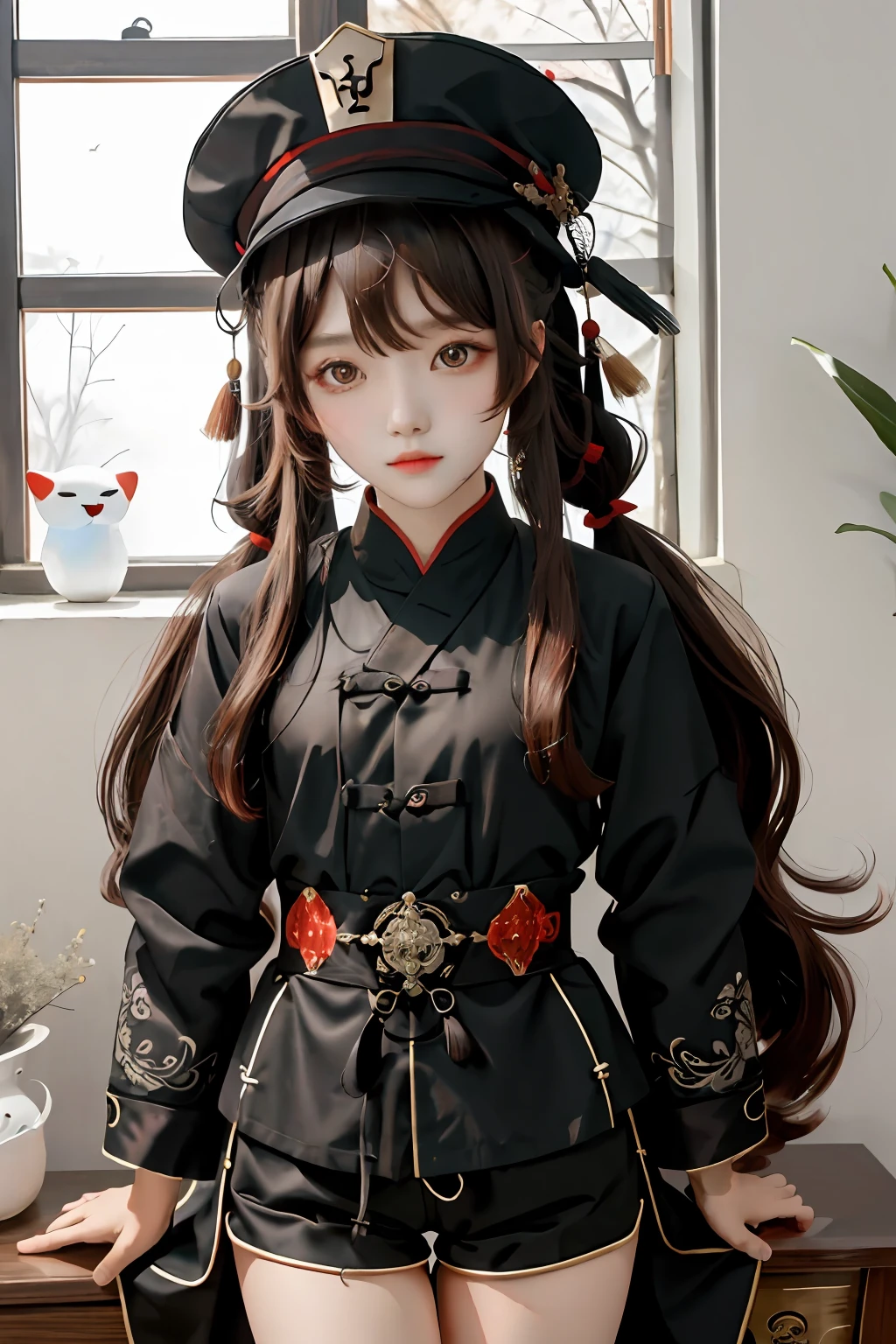 masterpiece, best quality,
1girl, hu tao (genshin impact), boo tao,hat, red eyes, twintails, brown hair, solo, symbol-shaped pupils, long hair,bangs, black shorts , chinese clothes,