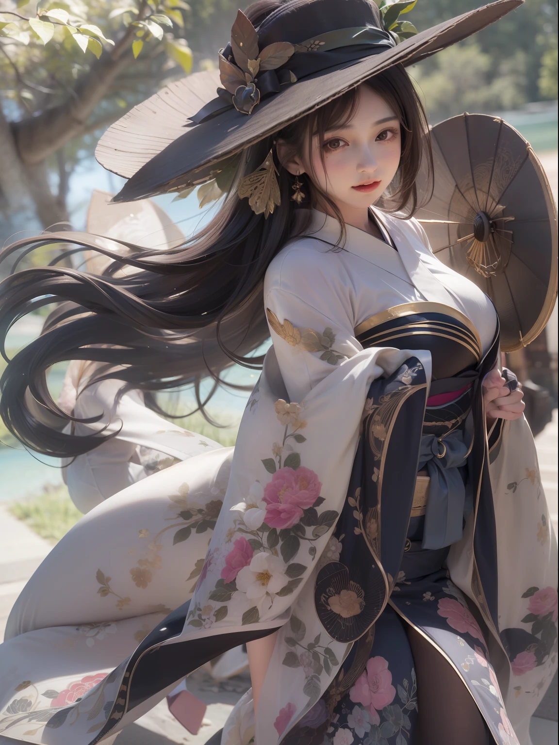 Best Quality, (Extremely detailed: 1.5), masutepiece, 超A high resolution,(photographrealistic:1.4), Beautiful woman, Black kimono, Full body, nun, 40 years old,Dynamic Angle, Dynamic Sexy Pose, Wind