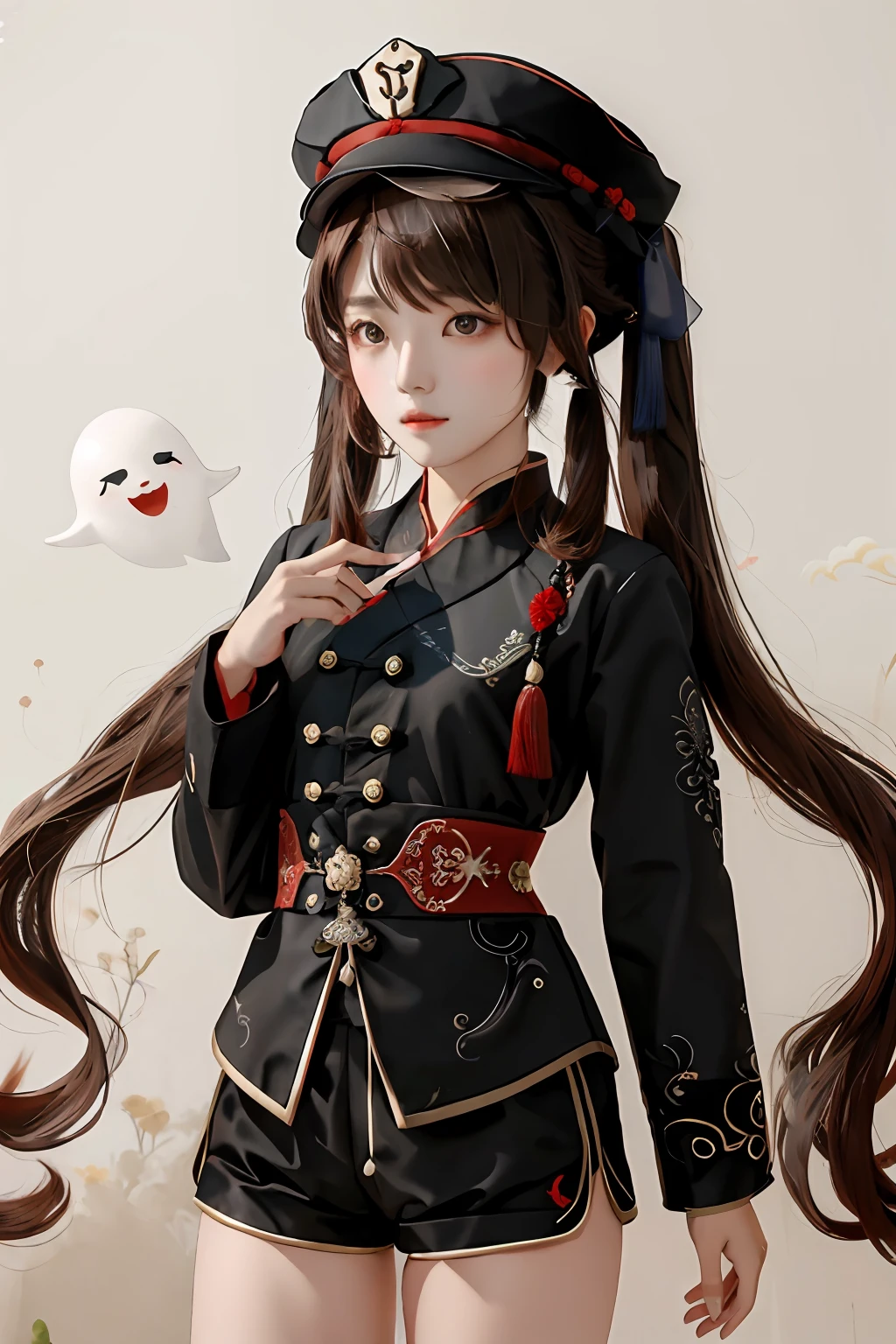 masterpiece, best quality,
1girl, hu tao (genshin impact), boo tao,hat, red eyes, twintails, brown hair, solo, symbol-shaped pupils, long hair,bangs, black shorts , chinese clothes,