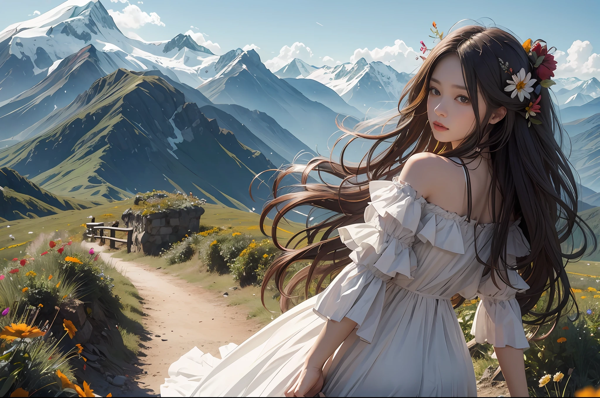 Mountains full of wildflowers,The wind ruffled the long hair,largeeyes,