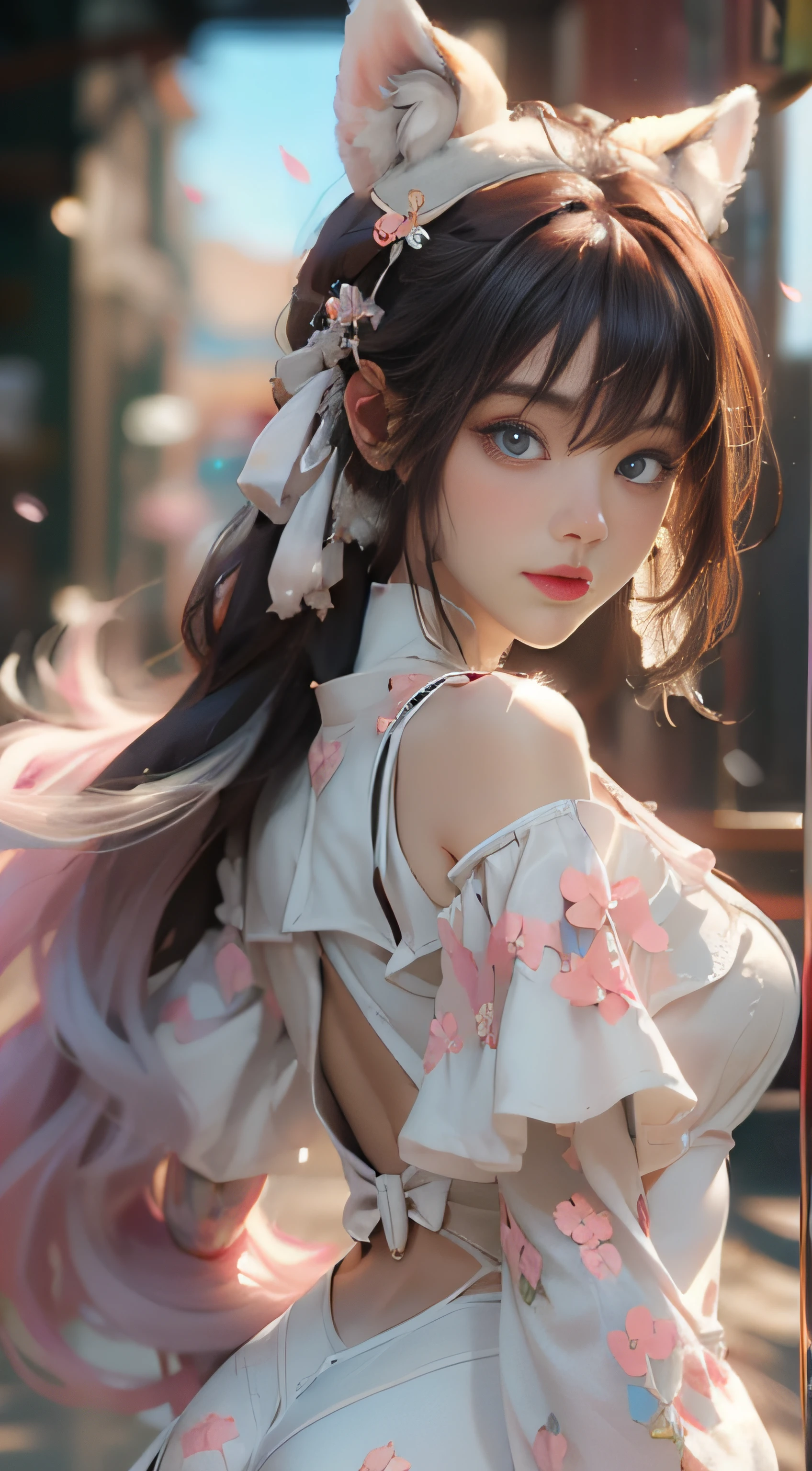 （（best qualtiy））， （（tmasterpiece））， （detail：1.4）， Beautiful cyberpunk female images，hdr（HighDynamicRange），Ray traching，NVIDIA RTX，Hyper-Resolution，illusory 5，sub surface scattering，PBR textures，post-proces，Anisotropy Filtering，depth of fields，maximum definition and sharpness，Many-Layer Textures，Albedo e mapas Speculares，Surface coloring，Mitsu-Accurate simulation of material interactions，perfectly proportioned，rendering by octane，Two-colored light，largeaperture，Low ISO，White balance，Rule three points、8K raw data、Beautiful bright blue pupils，off-the-shoulder clothes，Fine pupils，Delicate face and eyes，long eyelasher，Blushlush，Delicate and fluffy hair，pink lip，Pure，Cute face，Sweet girl，Artistic sense，Casual wear，Advancedsense，butterflys，Cherry blossom petal，Beautiful hair accessories，Long hair and waist，Hair fluttering in the wind，Snow-white fox ears，curlies，Snow-white fluffy tail，Positive light，The light from the back window is backlighted