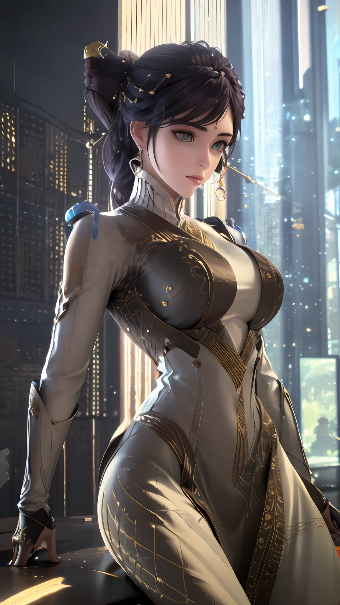 ((Best quality)), ((masterpiece)), (detailed:1.4), 3D, an image of a beautiful cyberpunk female,HDR (High Dynamic Range),Ray Tracing,NVIDIA RTX,Super-Resolution,Unreal 5,Subsurface scattering,PBR Texturing,Post-processing,Anisotropic Filtering,Depth-of-field,Maximum clarity and sharpness,Multi-layered textures,Albedo and Specular maps,Surface shading,Accurate simulation of light-material interaction,Perfect proportions,Octane Render,Two-tone lighting,Wide aperture,Low ISO,White balance,Rule of thirds,8K RAW,