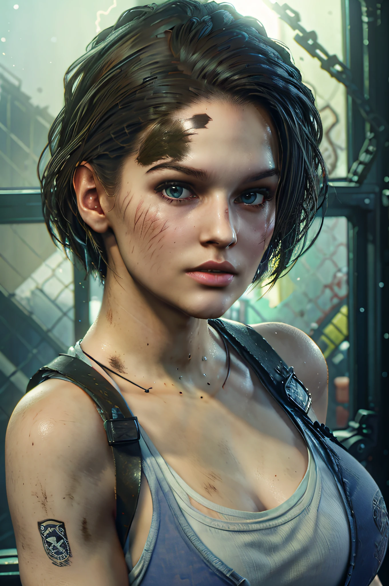 upper body shot, 1girl, female focus, Jill Valentine, jillvoth, white and blue tank top, no hat, (dirt on face), parted lips, old mansion indoors, window, lightning, thunder, volumetric lighting, best quality, masterpiece, intricate details, tonemapping, sharp focus, hyper detailed, trending on Artstation, realistic