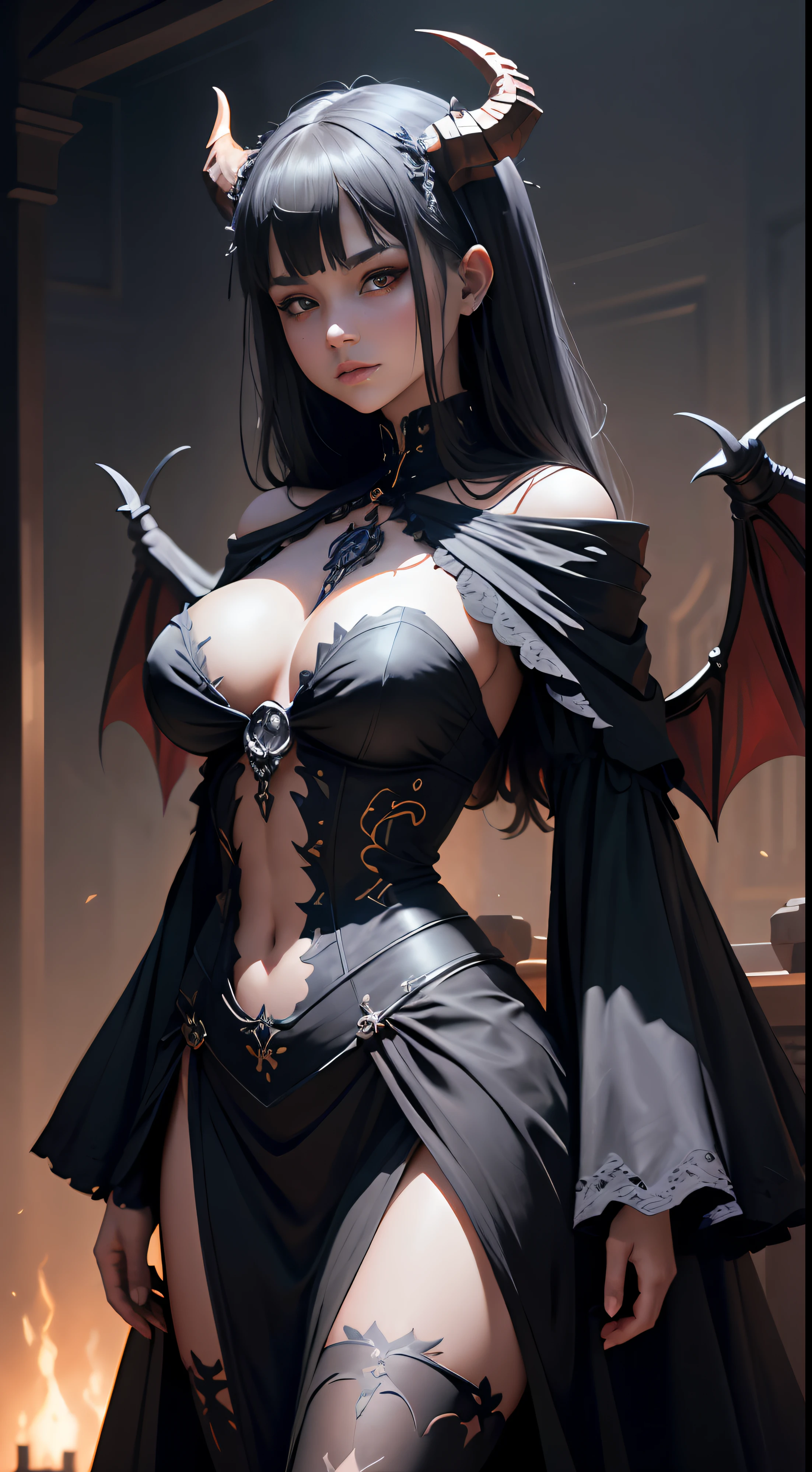 ((best qualtiy)), ((tmasterpiece)), (A detailed:1.4), Undead Maiden, exquisite face, ((Gao cold eyes, Red eyes, with light glowing)), Wear yours with a delicate steampunk skull embellished maxi dress, A skeleton pendant hangs from his chest, There is a skeleton ring on the hand, Smooth and slender legs, ((Bare back)), ((There is a pair of demon wings on the back)), (There are black spiral demon horns on the head), Upturned breasts, Skulls are everywhere, Purgatory background, Background bokeh, hdr(HighDynamicRange), Ray traching, NVIDIA RTX, Hyper-Resolution, Unreal 5, sub surface scattering, PBR textures, Post-processing, Anisotropic filtering, depth of fields, Maximum clarity and sharpness, Many-Layer Textures, Albedo e mapas Speculares, Surface coloring, Accurate simulation of light-material interactions, perfectly proportions, rendering by octane, twotonelighting, Wide aperture, Low ISO, White balance, trichotomy, 8K raw data, tmasterpiece, Contre-Jour, (Most Best Illustration), (Best shadow:1. 6), (Very detailed 8KCG unit wallpaper)(best qualtiy), best qualtiy, multiple monochrome, god rays, motion blur, glowing light, award winning, textured skin, anatomically correct