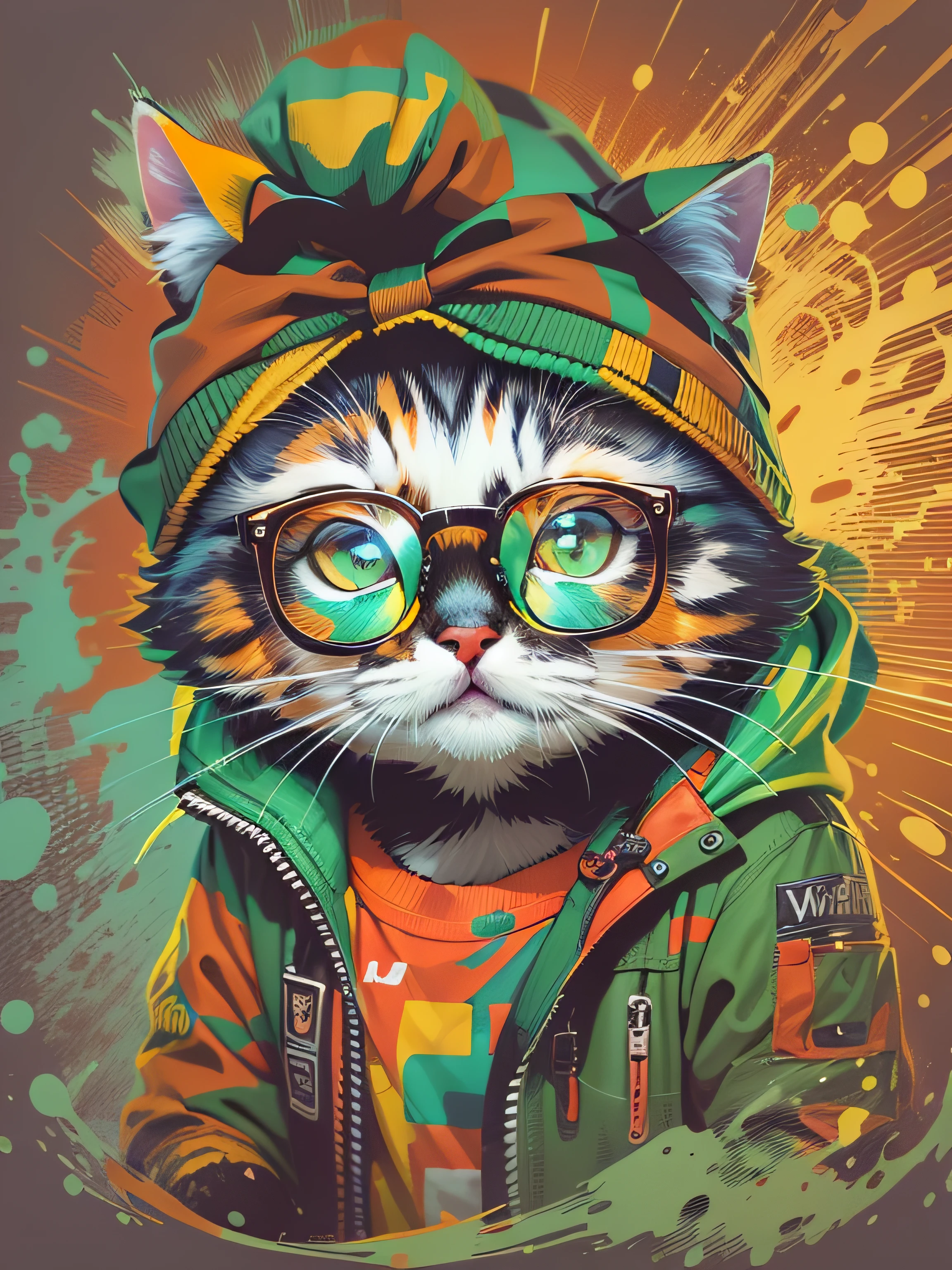 vector t shirt art ready to print colorful graffiti illustration of a colorful little cat wearing glasses , No Face, christmas style, action shot, christmas color, high detail, white background