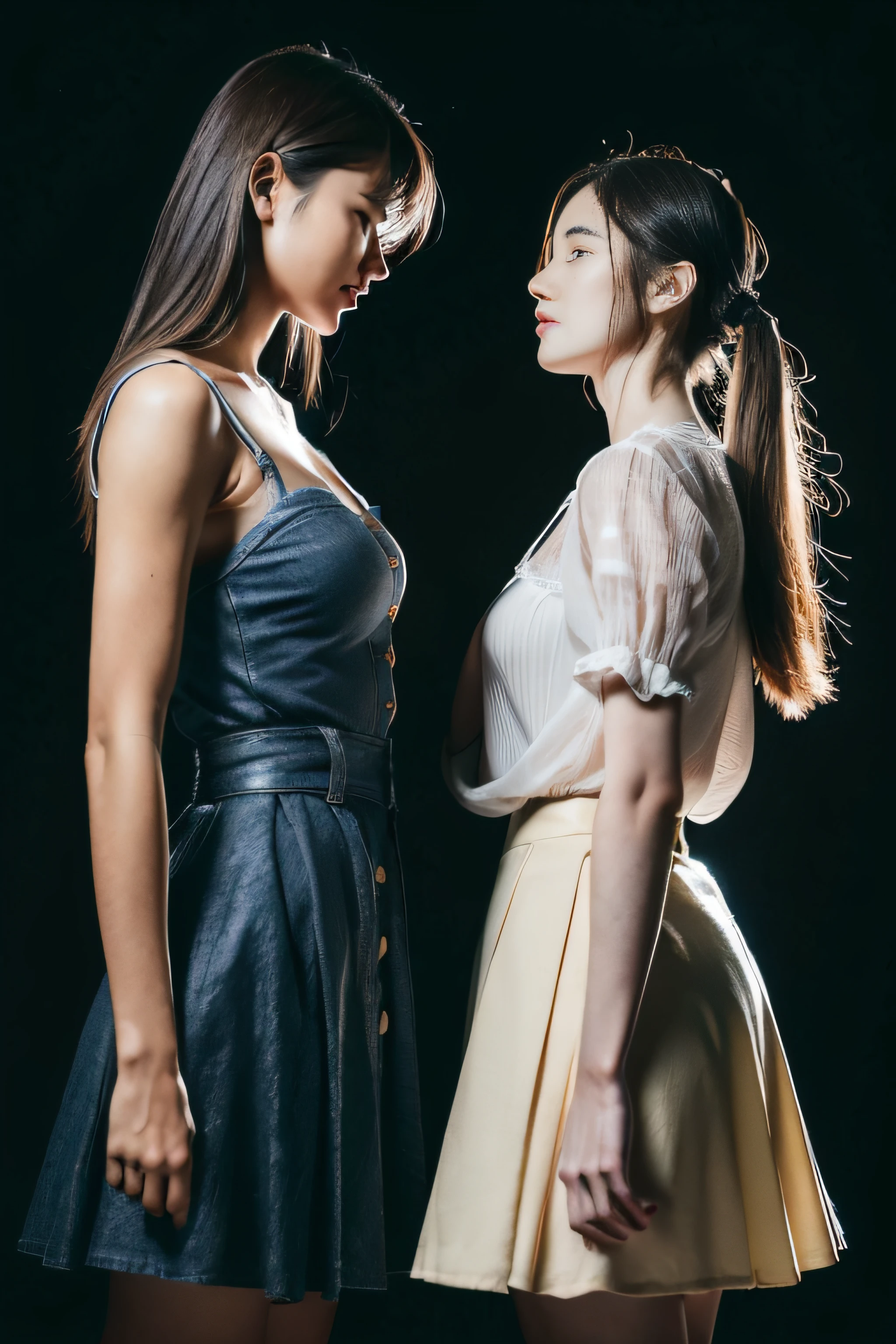 (Extremely high quality), (Master parts), (photo RAW), Herren, is very beautiful, highly detailed CG, 8k wallpaper, amazing fine details, offcial art, hugefilesize, high resolution, darkly, ambiance, mistic, romanticism lain, horrid, literature, Artistically, Moda, ellegance, (((perfect anatomical depiction of the human body))), Two junior high school girls alternately stand up straight, One is forward-facing, The other person next to him was looking at the other person intently，Only his neck turned to the side, a 18 year old girl, One with blonde blue eyes and partially woven long hair, 
 One is a Japanese brunette with two tails, Perfect and Beautiful Face, (Open your breasts), (Lagos drill bits), ((Super big)), (big breasts thin waist), (Oversized buttocks), (thighs thin), (Brightens skin), Baby face, (White color blouse，Thin plain fabric，With straps), ((blouse breasts are very cramped)), (Ultra-mini pleated skirt), (White underwear), ( clothes missing), (All buttons are fastened，Dress neatly), Shoot from a variety of angles, midynight, dark underground chamber, No windows, Dust dance, ((Too dark)), (Too dark to be almost invisible), Blue dim backlight, New Gentie, Low-exposure photography, with black background