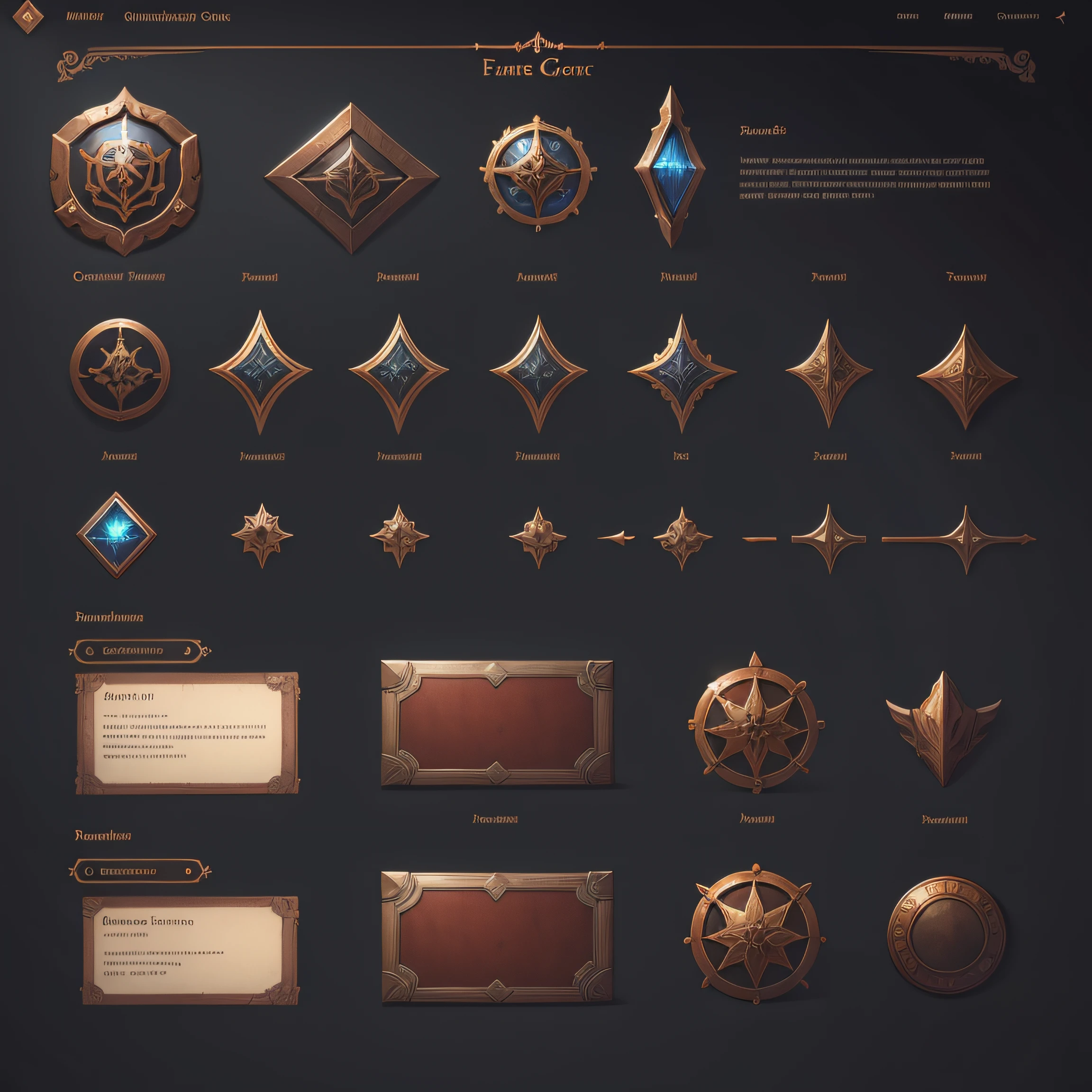 Game UI. Front view. Front view of a set of elements of the game interface of a fantasy game on a white background. Clear lines, There is no blur. Simple interface, buttons, wiindow, slider, checkbox