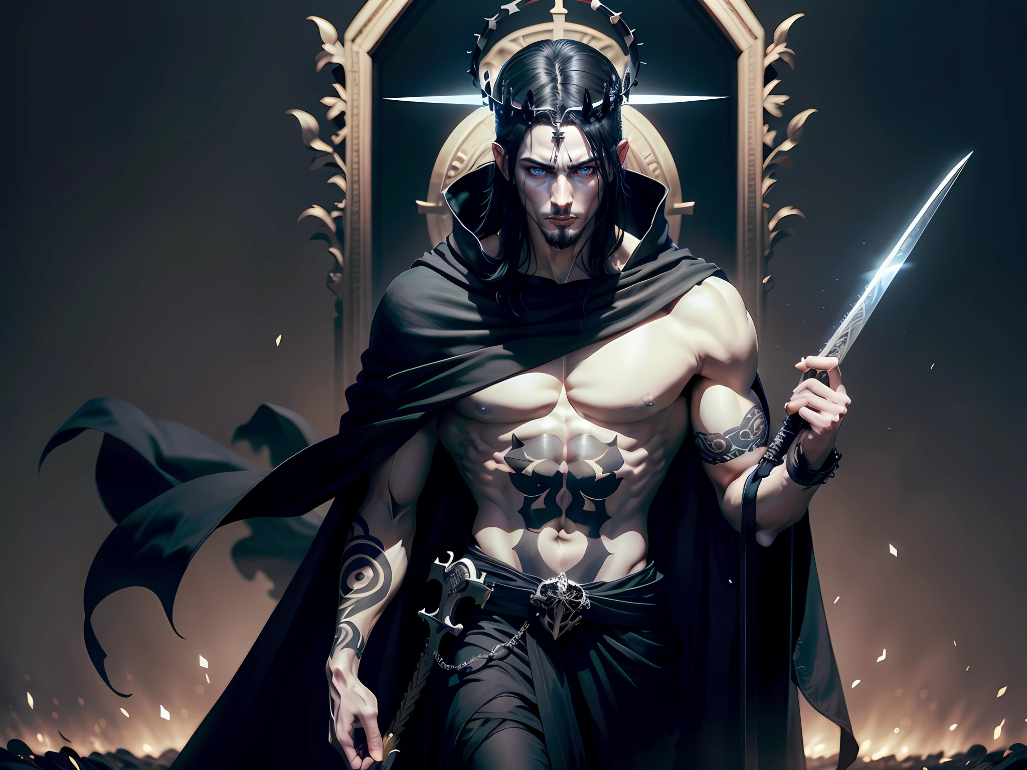 Greek God Thanatos as a young man with pale skin and black hair. He is tall and slender, and his eyes are black. His body is covered in tattoos, and he wears a crown of thorns. His face is beautiful, but it is also cold and emotionless. He has a fine mouth and full lips, and his nose is straight and fine. His eyes are big and dark. He wears a long white robe that trails on the ground. The tunic is adorned with images of snakes and skulls. He wears a black cloak over his shoulders, and a crown of thorns on his head. He carries a sword in his right hand. The sword is long and sharp, and is made of black obsidian. Background a field of black flowers. Full moon lighting.