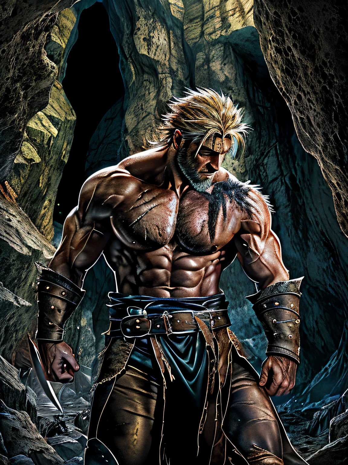 Beowulf, the epic sense, a warrior in torn leather, muscular, scarred, short blond hair, tall, noble, extremely strong, with a dim cave in the background, a shadow in the distance, high contrast, glossy skin, backlit, HDR, hyper details,