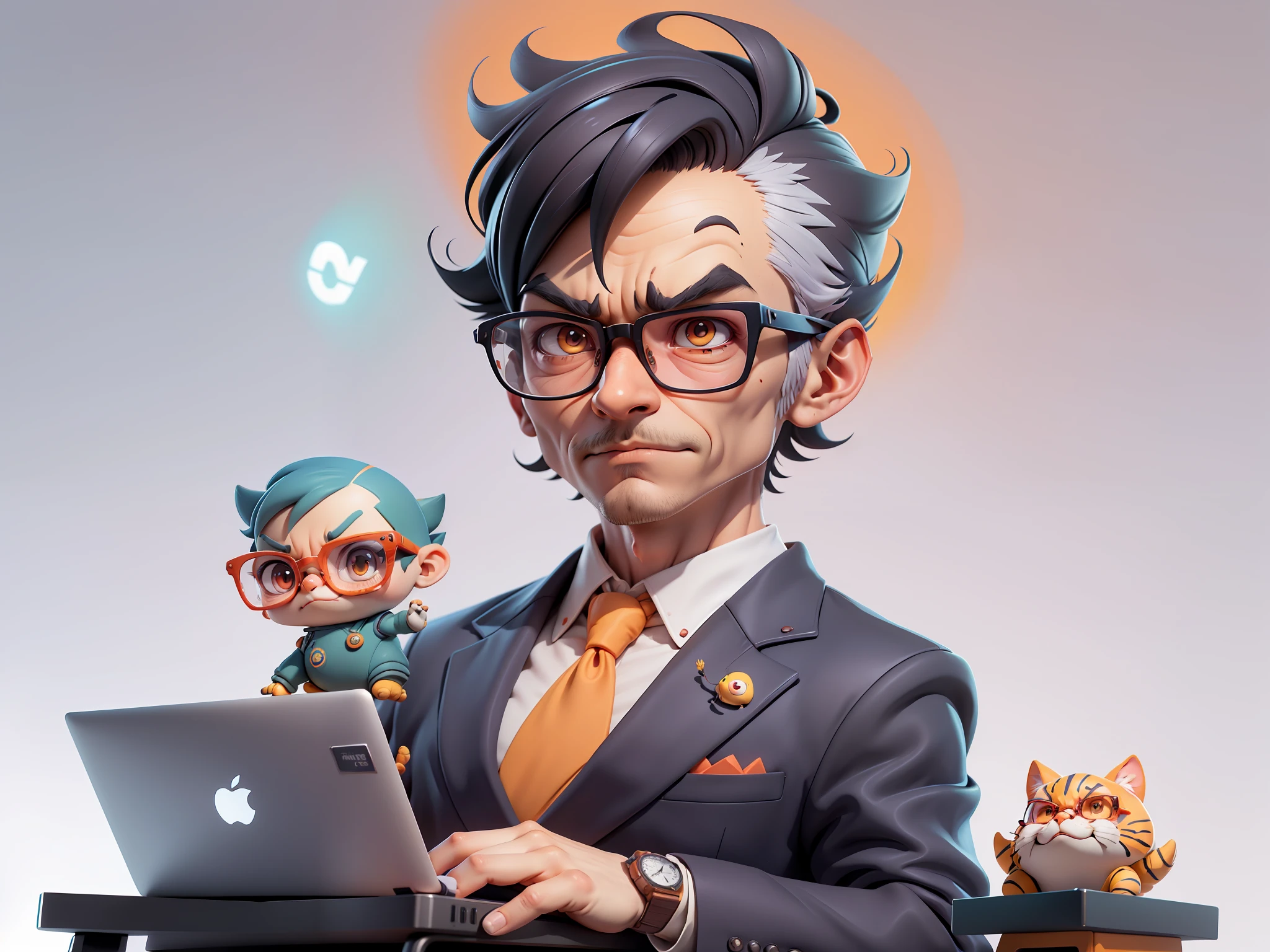 A young man in a suit, Short hair and glasses sat at his desk，holding laptop，digitial painting，tigre，3D character design by Mark Clairen and Pixar and Hayao Miyazaki and Akira Toriyama，4K HD illustration，Very detailed facial features and cartoon-style visuals。