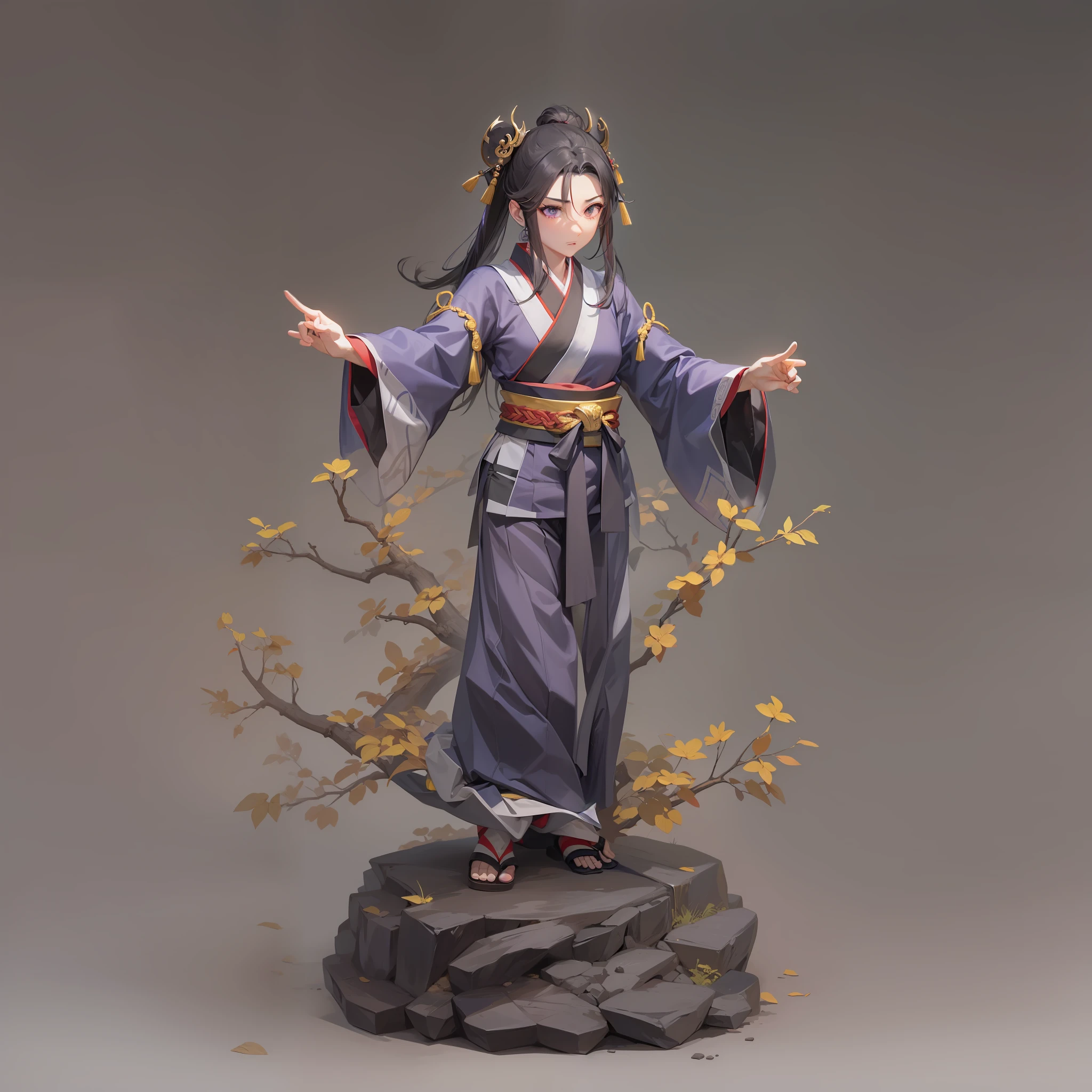 Ling guan jue: Another hand seal made when performing the Five Thunders Method. Extend the middle finger, and pinch the first joint of the middle finger with the index finger and thumb. Put the ring and little fingers into the palm, shrine maiden, black hair, purple eyes, hakama skirt, BREAK, best quality, detailed face and eyes, perfect anatomy,