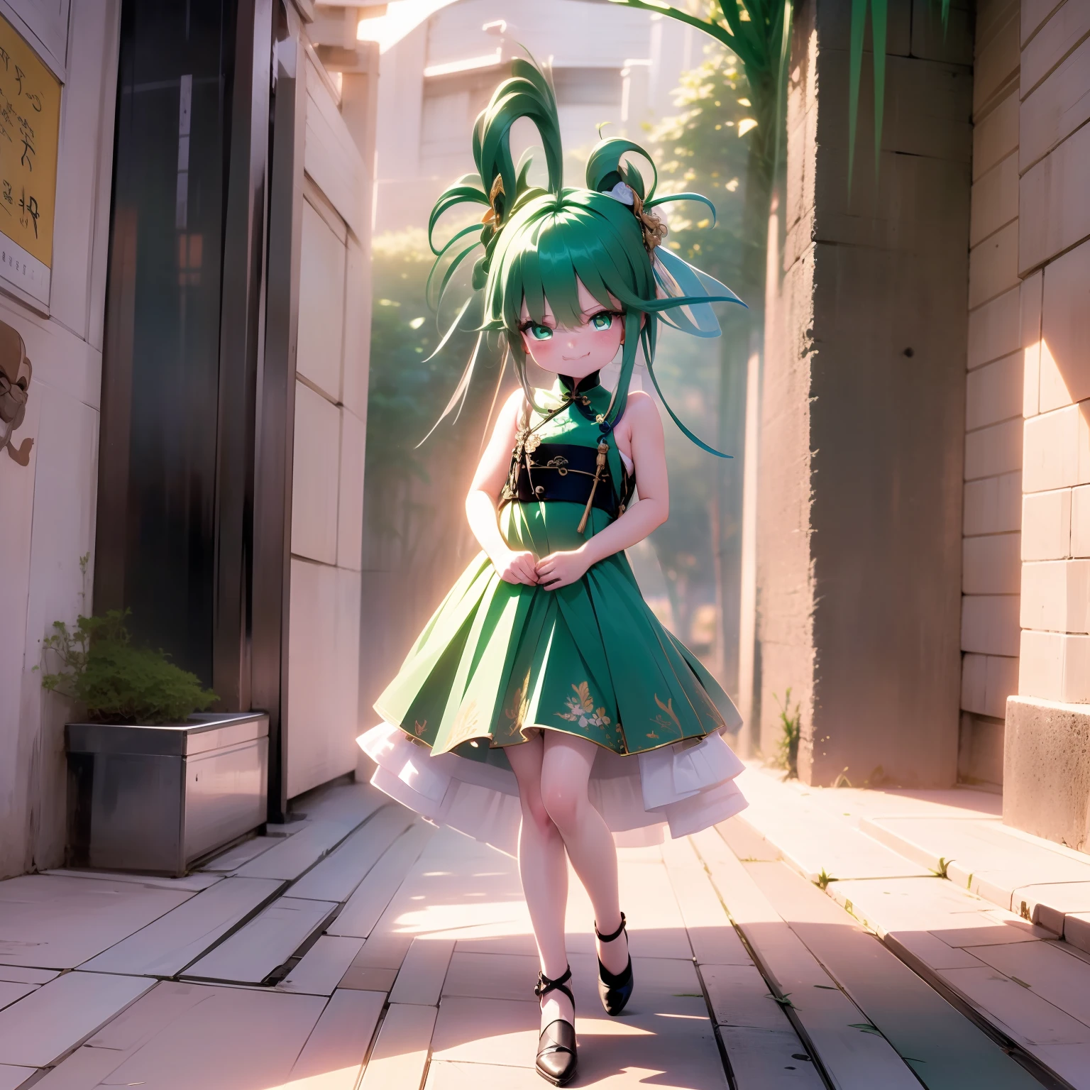 Little girl, stand, holding fan, Background dragon Statue, little smile expression, wearing a green maid dress outfit, heels, Beautiful eyes, perfect face, full body, masterpiece
