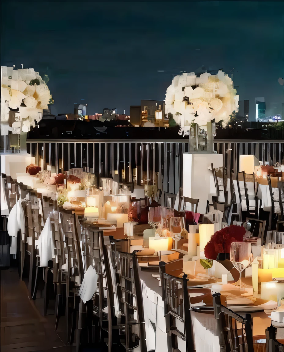 A table for a formal dinner，White flowers and candles are placed on it, enchanted surroundings, rooftop party, Beautiful setting, luxurious environment, Long table, stunning view, luxurious wedding, Gorgeous atmosphere, rooftop romantic, beautiful ambiance, lavishly decorated, set in tokyo rooftop, stunning atmosphere, at the terrace, fairy tale setting, Beautiful views, heaven on earth, a masterpiece of art