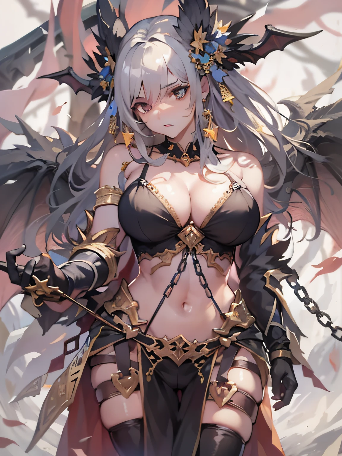 (8K、top-quality、​masterpiece:1.2)、(realisitic、Photorealsitic:1.4)、vibrant detail、looking in camera、looking down to viewer、Open legs、Perfection is a female warrior of provocation、angry、mideum breasts、Trained abs、Dragon wings、Back of hand with nails on both hands、Beautiful udder、stand erect、perspiring、gargantilha、Hand flail、chain restraint、Damaged、suffer