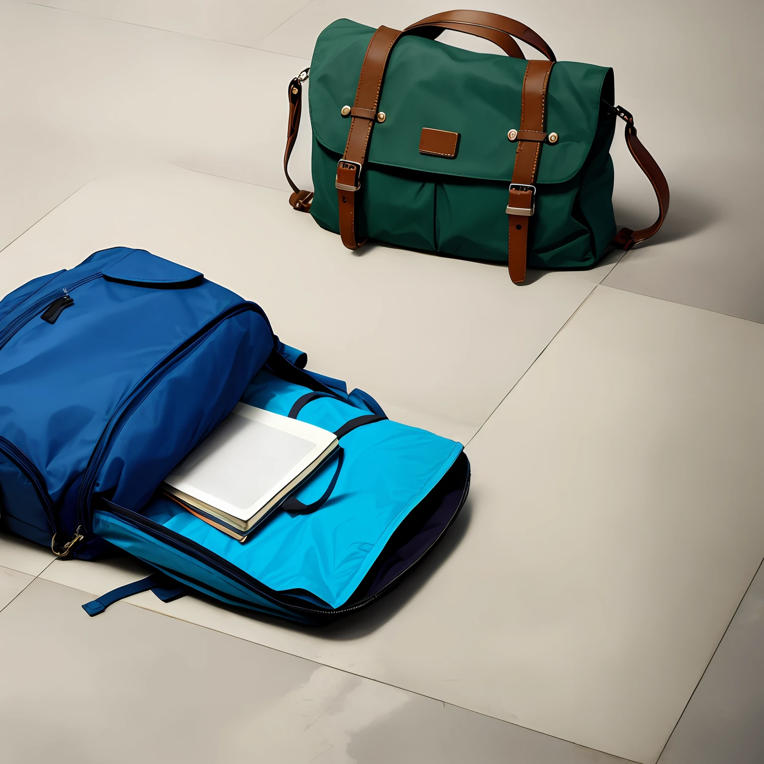 There are two bags that are sitting on the floor, bags on ground, Sacos, Directed by: Daniel Gelon, the handbag is over a wood table, assunto completo mostrado na foto, sharpened details, com dois bolsos frontais, Directed by: Jakob Gauermann, high angle close up shot, detalhes e cores vivas, Directed by: Etienne Delessert, Directed by: Dietmar Damerau