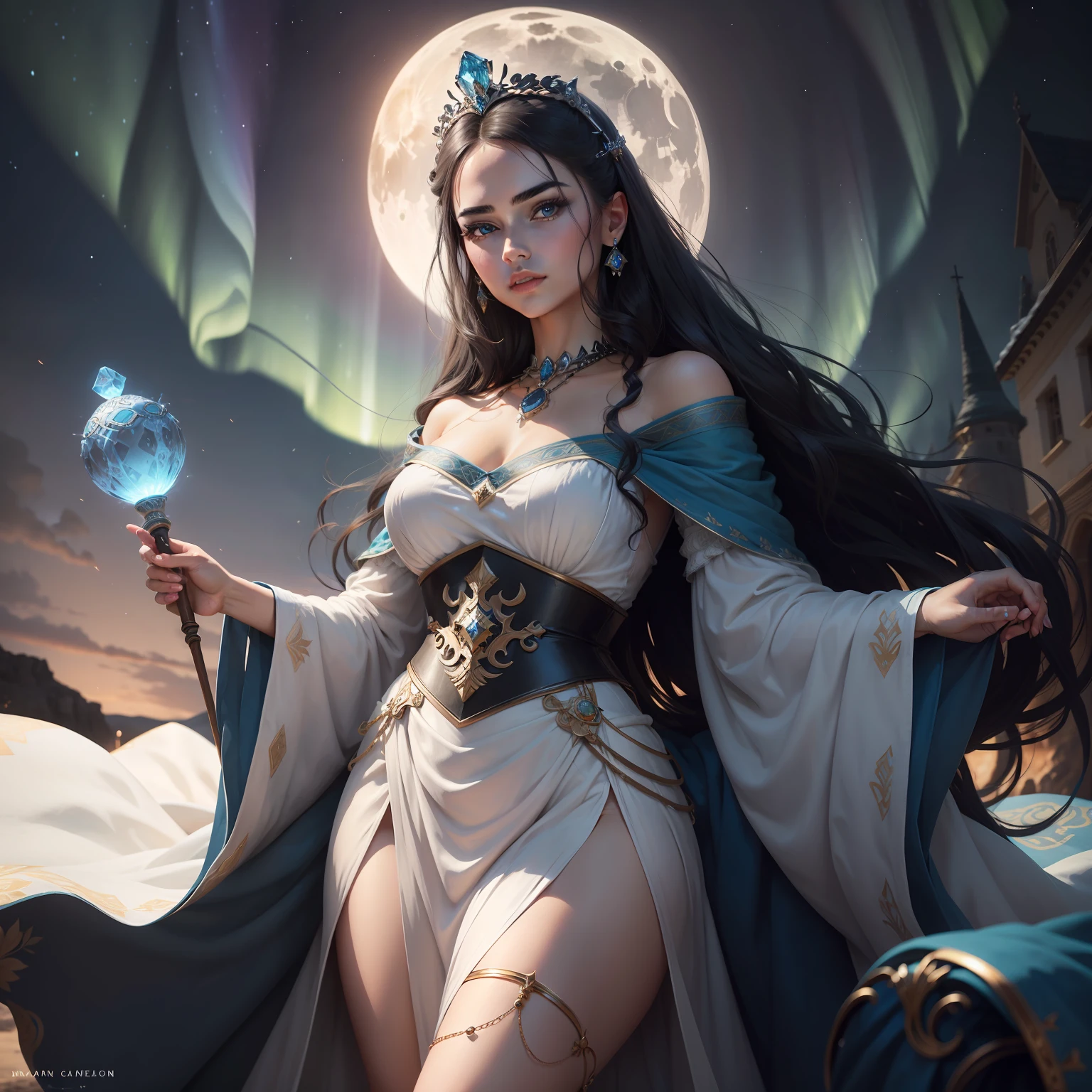 An acient history beautiful woman with bright Aurora wide and beautiful eyes. With Dark hair and hair bright beautiful masterpieces jewelleries. With White and blue colour long dress. Under the Iceland Empire. Like a queen. Under the August blue moon night sky. Square face, black and beautiful eyebrows. Hight quality, candid, masterpieces jewelleries, necklace, holding a Magic staff , HD