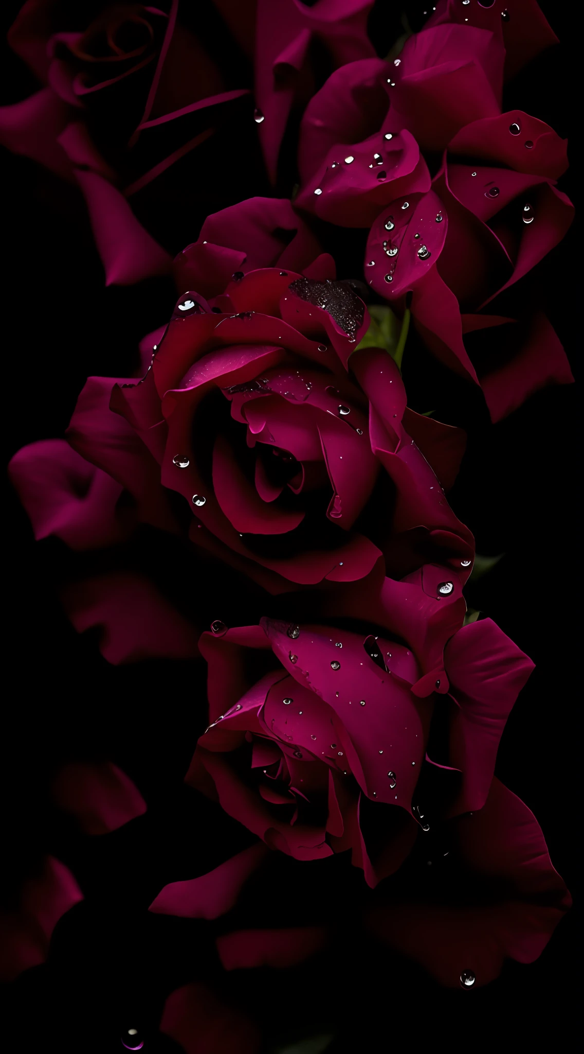 There are two dark roses,There are water droplets on it, Black roses, roses in cinematic light, dark flowers, Black and purple rose petals, black roses, Black flowers, beautiful deep colors, rosette, she is the queen of black roses, Beautiful photography, Rich and deep colors, rosses, a few roses, very beautiful photograph of, Red roses