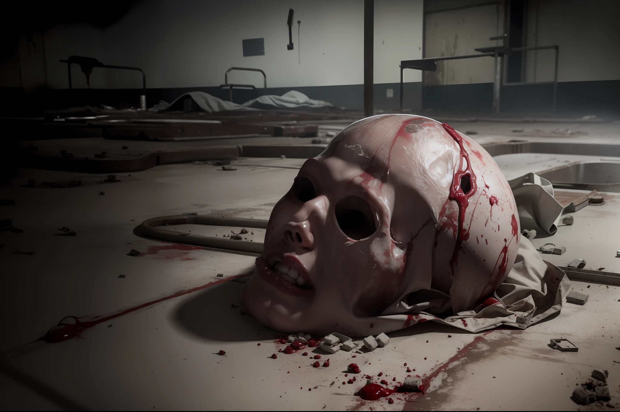 The background is an abandoned laboratory,On a dirty bed lies an anatomized human body,Vulgar and bloody,Human experiments,Biochemical experiments,Nuclear wastewater,Evil experimental scenes,An atmosphere of terror,thriller,zombie,variation,Visceral specimens,Human head container,ultra-realistic realism,Thick blood,Dirty ground,tmasterpiece