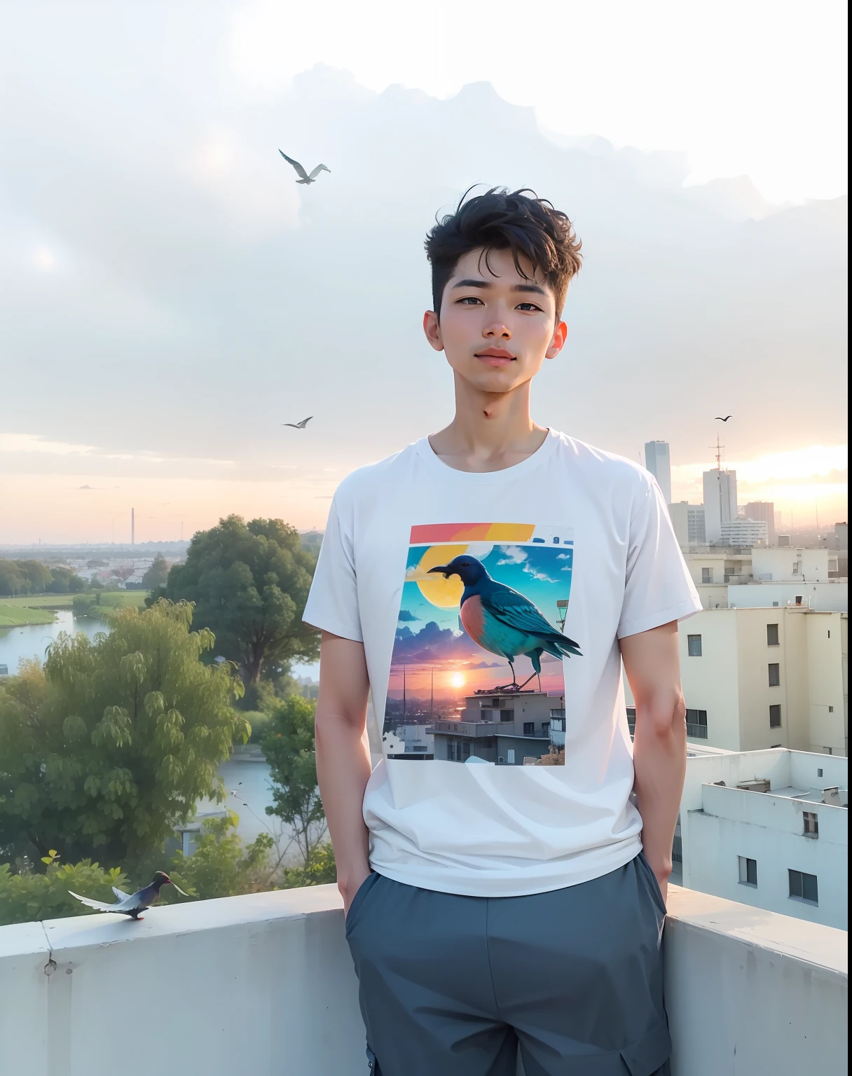Blue sky in the background with birds and sunset