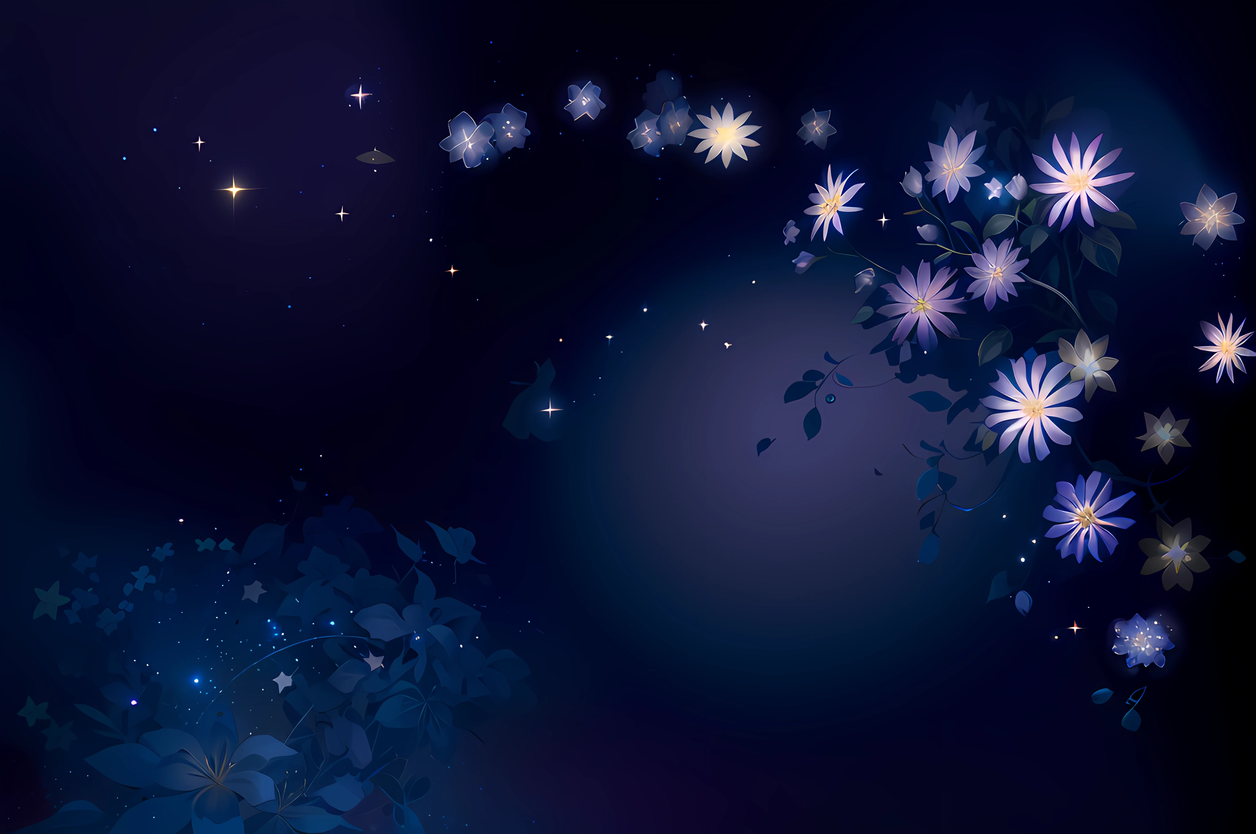 There is blue background with white flowers and stars, Night background, background artwork, Magical background, night sky full of flowers, Magnificent background, indigo background, intricate sparkling atmosphere, fairy tale style background, Cosmic night background, opalescent night background, clematis theme banner, Starry background, stylishly designed background, Dark blue background, Simple background