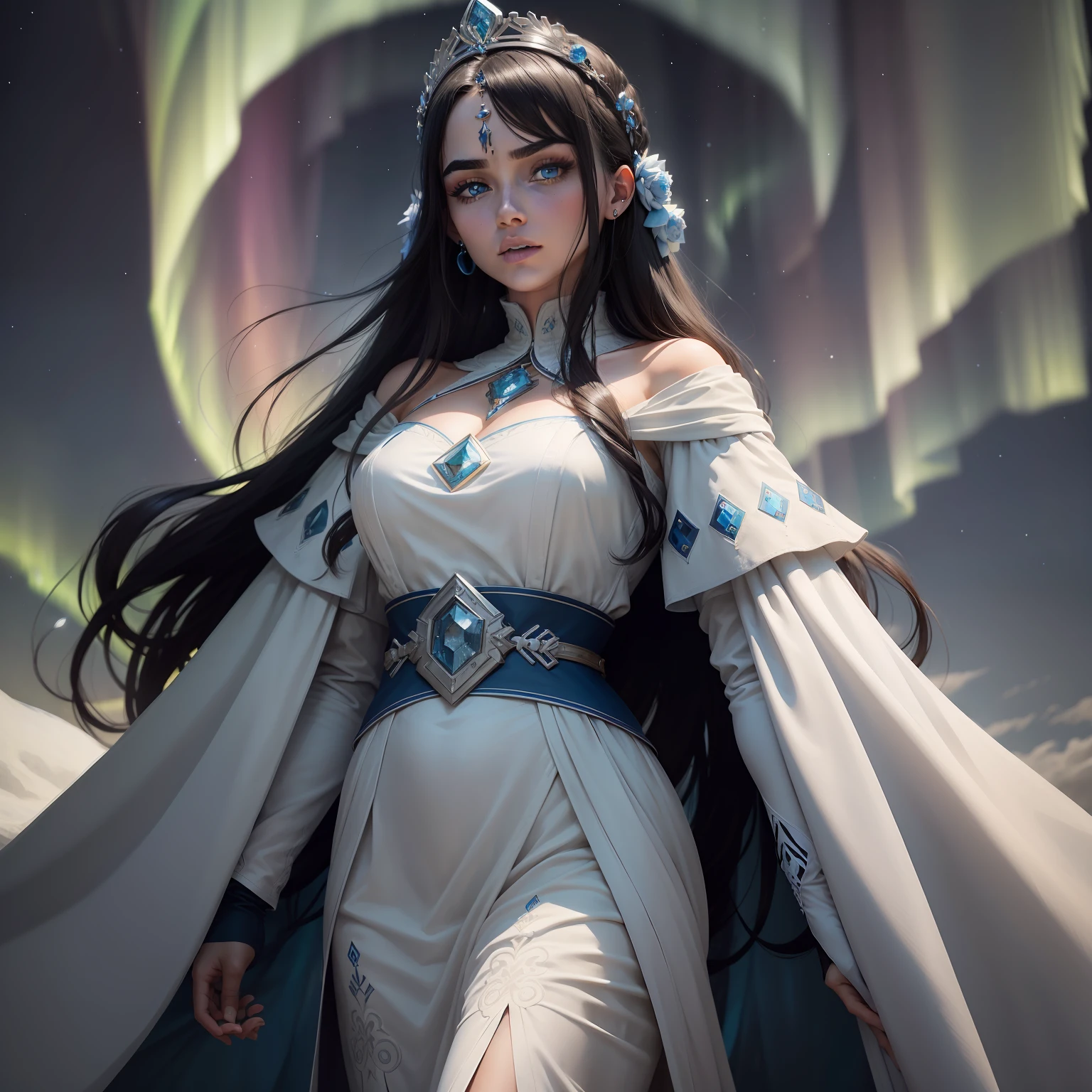An acient history woman with bright Aurora wide and beautiful eyes. With Dark hair and hair bright beautiful masterpieces jewelleries. With White and blue colour long dress. Under the Iceland Empire. Like a queen. Under the August blue moon night sky. Square face, blavk and thich eyebrows.