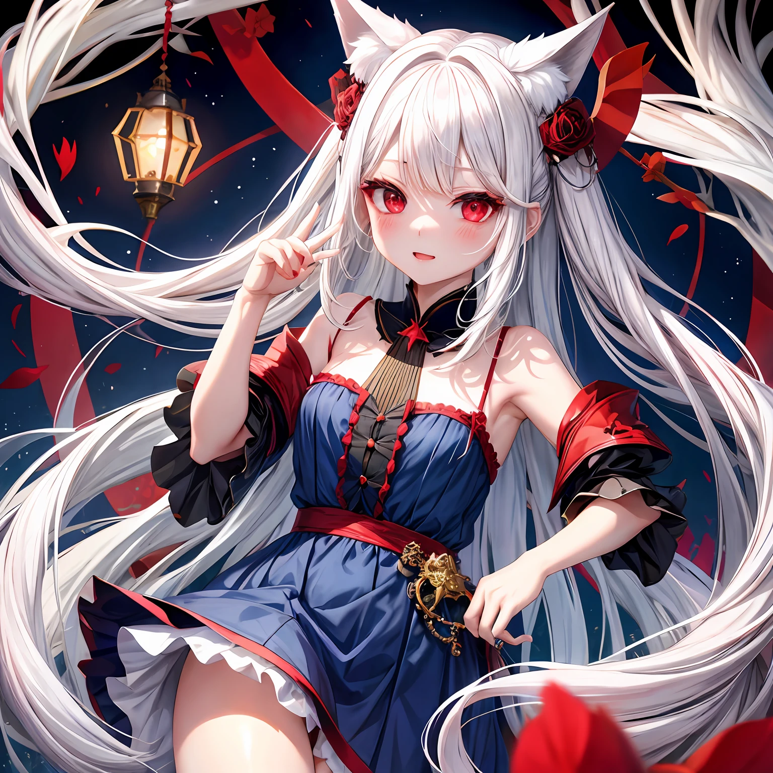 white hair、red eyes、One pretty girl、独奏、animesque、Dark blue dress、red blush、Fox