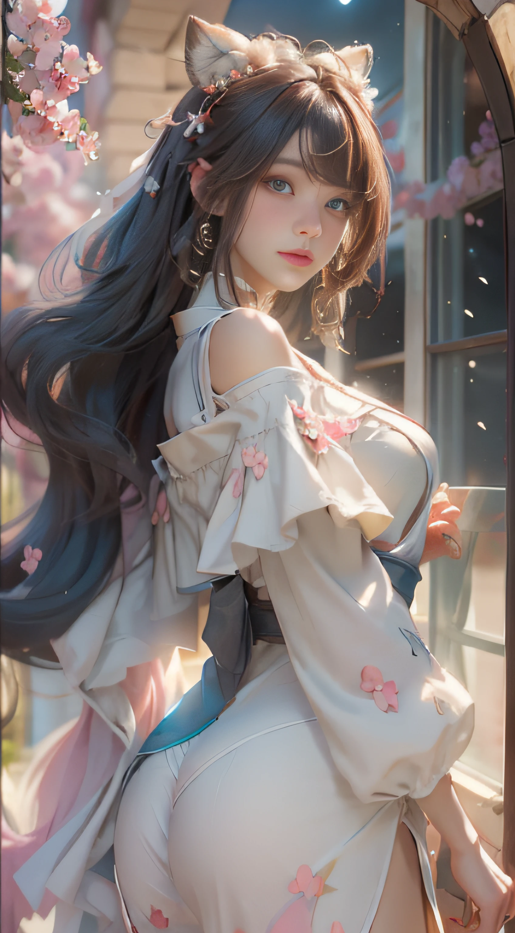 （（best qualtiy））， （（tmasterpiece））， （detail：1.4）， Beautiful cyberpunk female images，hdr（HighDynamicRange），Ray traching，NVIDIA RTX，Hyper-Resolution，illusory 5，sub surface scattering，PBR textures，post-proces，Anisotropy Filtering，depth of fields，maximum definition and sharpness，Many-Layer Textures，Albedo e mapas Speculares，Surface coloring，Mitsu-Accurate simulation of material interactions，perfectly proportioned，rendering by octane，Two-colored light，largeaperture，Low ISO，White balance，Rule three points、8K raw data、Beautiful bright blue pupils，off-the-shoulder clothes，Fine pupils，Delicate face and eyes，long eyelasher，Blushlush，Delicate and fluffy hair，pink lip，Pure，Cute face，Sweet girl，Artistic sense，Casual wear，Advancedsense，butterflys，Cherry blossom petal，Beautiful hair accessories，Long hair and waist，Hair fluttering in the wind，Snow-white fox ears，curlies，Snow-white fluffy tail，Positive light，The light from the back window is backlighted