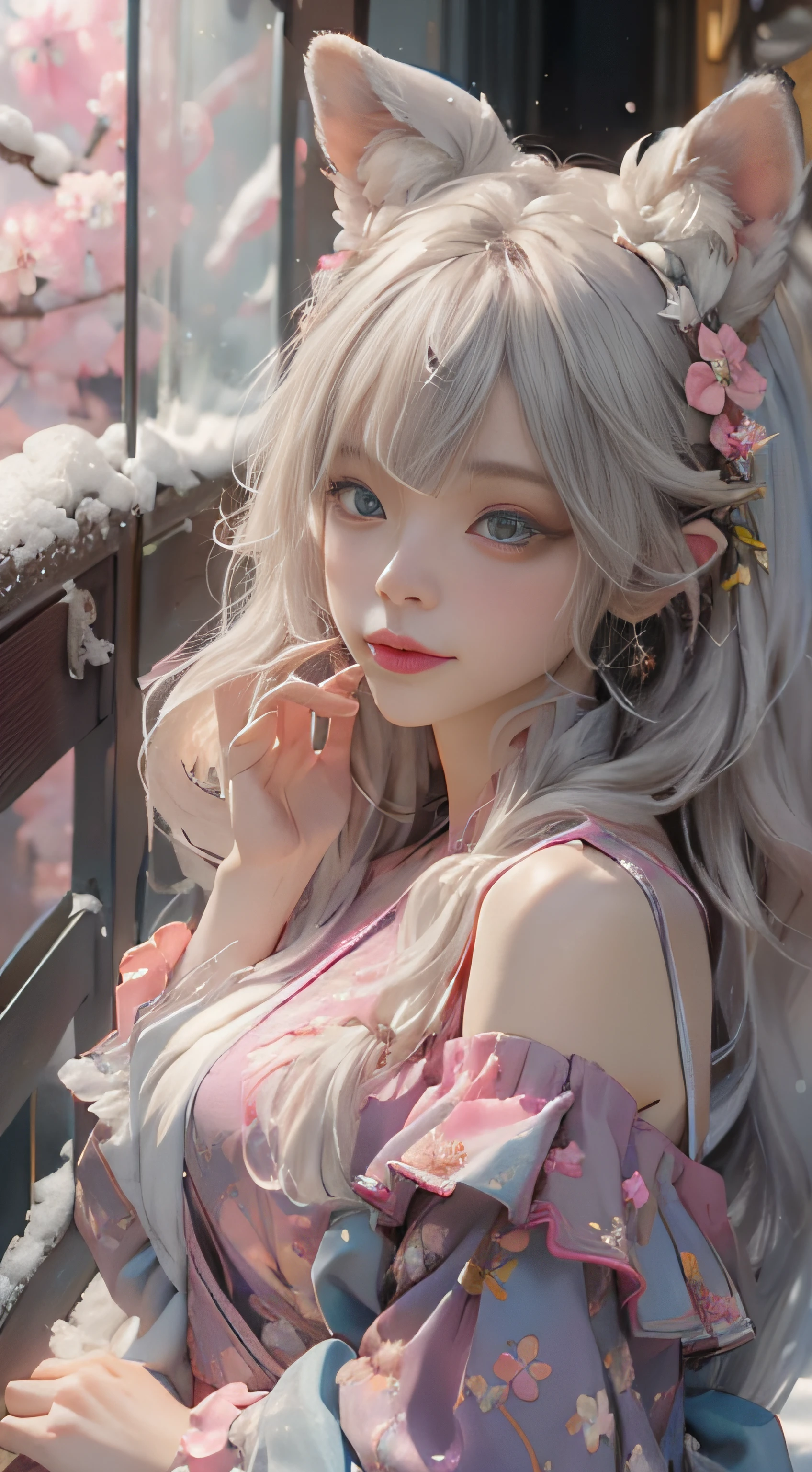 （（best qualtiy））， （（tmasterpiece））， （detail：1.4）， Beautiful cyberpunk female images，hdr（HighDynamicRange），Ray traching，NVIDIA RTX，Hyper-Resolution，illusory 5，sub surface scattering，PBR textures，post-proces，Anisotropy Filtering，depth of fields，maximum definition and sharpness，Many-Layer Textures，Albedo e mapas Speculares，Surface coloring，Mitsu-Accurate simulation of material interactions，perfectly proportioned，rendering by octane，Two-colored light，largeaperture，Low ISO，White balance，Rule three points、8K raw data、Beautiful bright blue pupils，off-the-shoulder clothes，Fine pupils，Delicate face and eyes，long eyelasher，Blushlush，Delicate and fluffy hair，pink lip，Pure，Cute face，Sweet girl，Artistic sense，Casual wear，Advancedsense，butterflys，Cherry blossom petal，Beautiful hair accessories，Long hair and waist，Hair fluttering in the wind，Snow-white fox ears，curlies，Snow-white fluffy tail，Positive light，The light from the back window is backlighted
