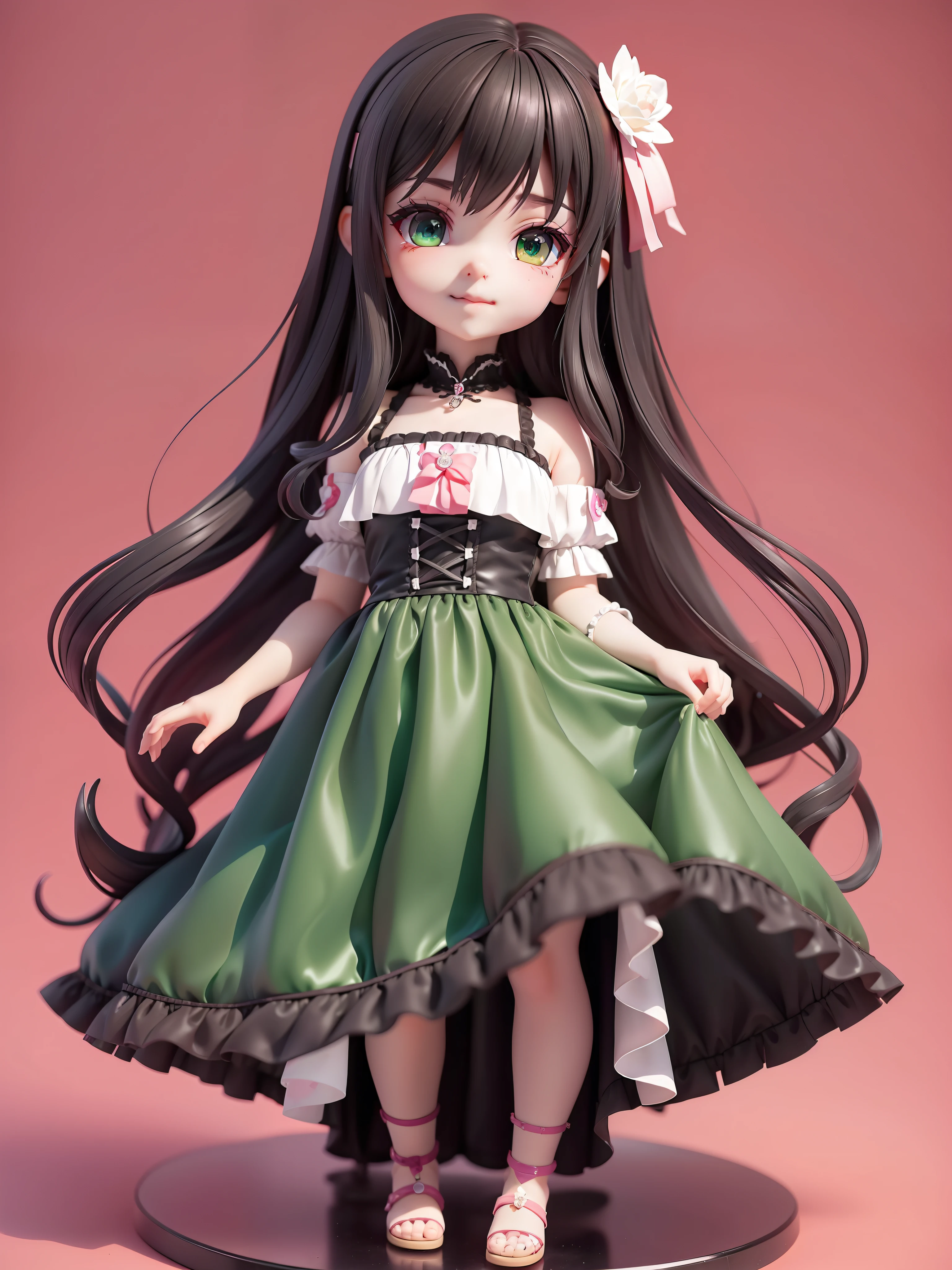 1girl in、nendoroid、figurine、Black Gothic Long Dress、A little low angle、Composition from toes to the tips of the hair、A dark-haired、Green eyes、Radiant hair、Beautiful and cute face、Graceful behavior、Cute smile、Tilt your head slightly、The background changes from red to pale pink, like a watercolor painting、