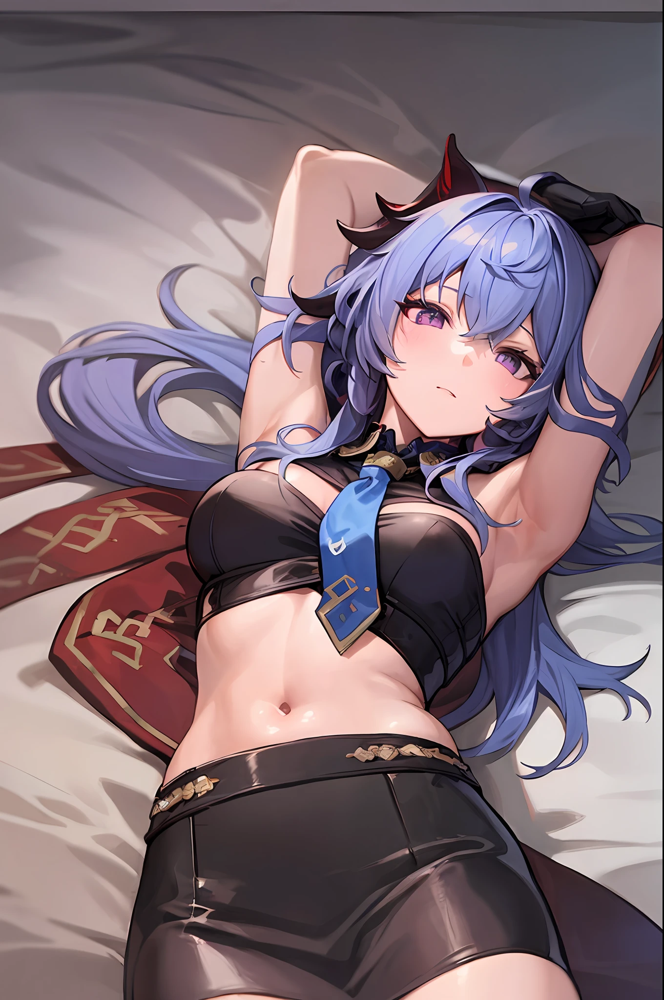 1ganyu, purple eyes, black shirt, blue sea hair, red necktie, lying, on back, bed, arms up, military uniform, small breasts, pencil skirt, masterpiece, highres, best quality