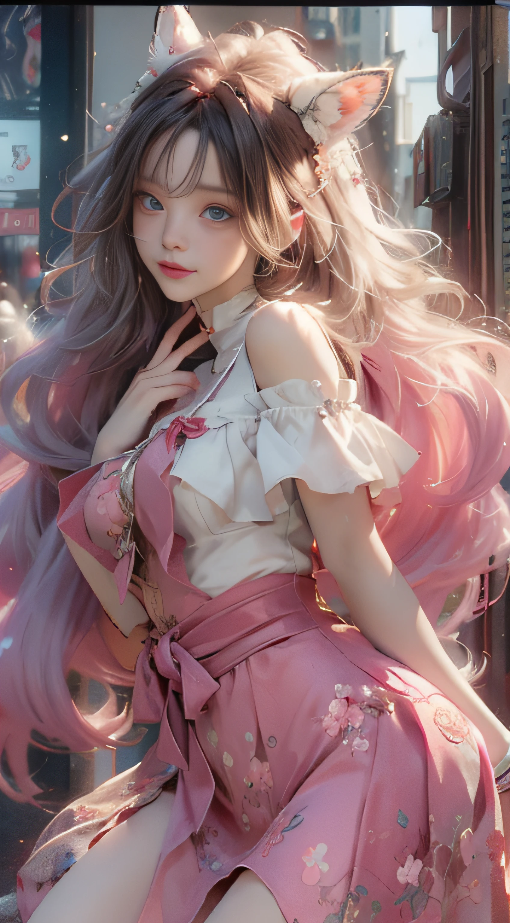 ((best qualtiy)), ((tmasterpiece)), (detail:1.4), Beautiful cyberpunk female images,hdr(HighDynamicRange),Ray traching,NVIDIA RTX,Hyper-Resolution,illusory 5,sub surface scattering,PBR textures,post-proces,Anisotropy Filtering,depth of fields,maximum definition and sharpness,Many-Layer Textures,Albedo e mapas Speculares,Surface coloring,Mitsu-Accurate simulation of material interactions,perfectly proportioned,rendering by octane,Two-colored light,largeaperture,Low ISO,White balance,Rule three points、8K raw data、Beautiful bright blue pupils,off-the-shoulder clothes,Fine pupils,Delicate face and eyes,long eyelasher,Blushlush,Delicate and fluffy hair,pink lip,Pure,Cute face,Sweet girl,Artistic sense,Casual wear,Advancedsense,butterflys,Cherry blossom petal,Beautiful hair accessories,Long hair and waist,Hair fluttering in the wind,Snow-white fox ears,curlies,Snow-white fluffy tail,Positive light,The light from the back window is backlighted