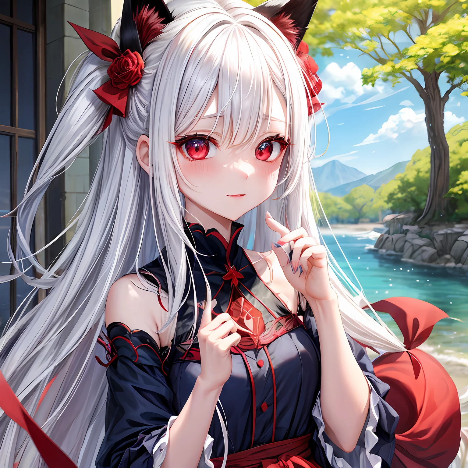 white  hair、red eyes、One pretty girl、独奏、animesque、Dark blue dress、red blush、Fox