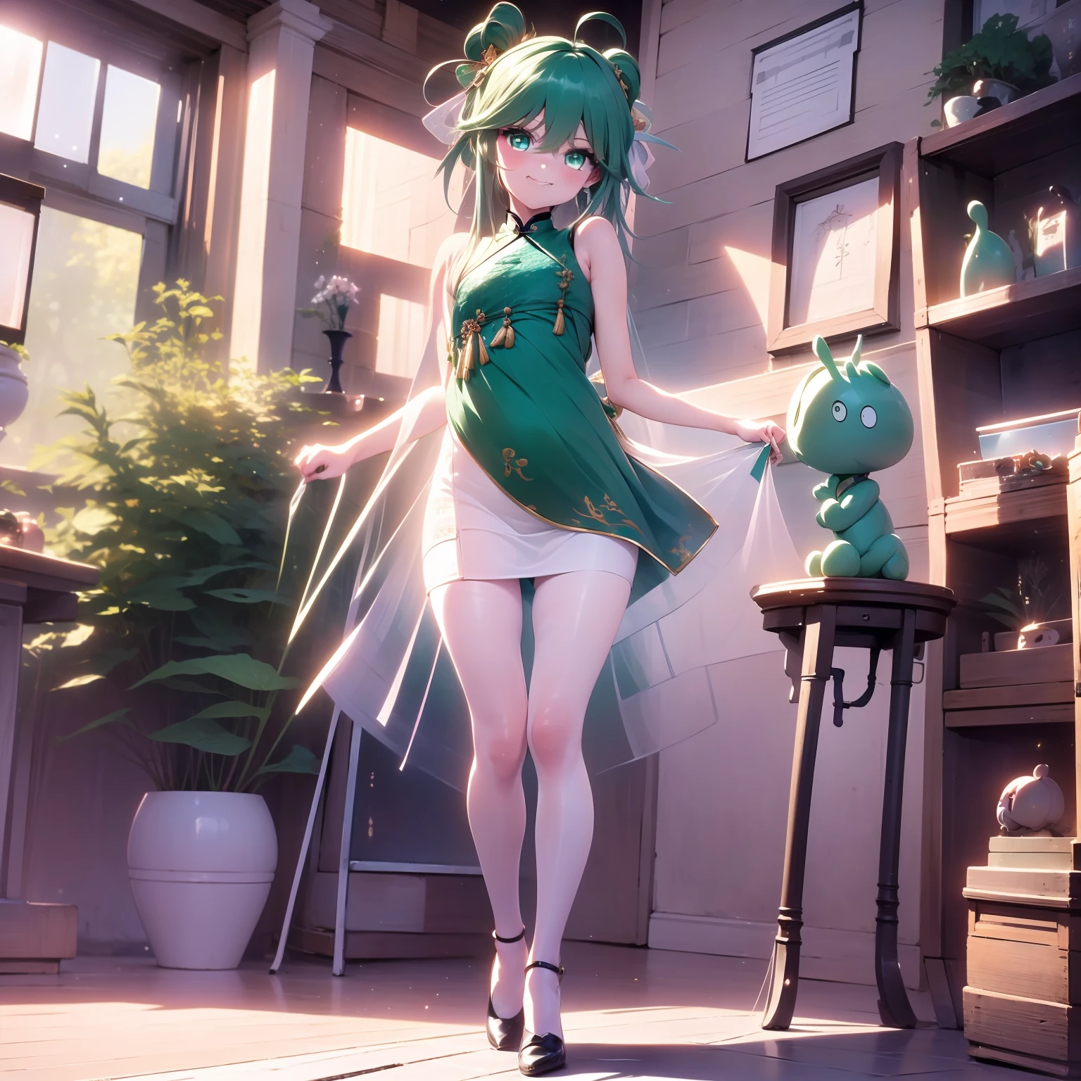 Little girl, stand, holding fan, Background dragon Statue, little smile expression, wearing a green maid dress outfit, heels, Beautiful eyes, perfect face, full body, masterpiece