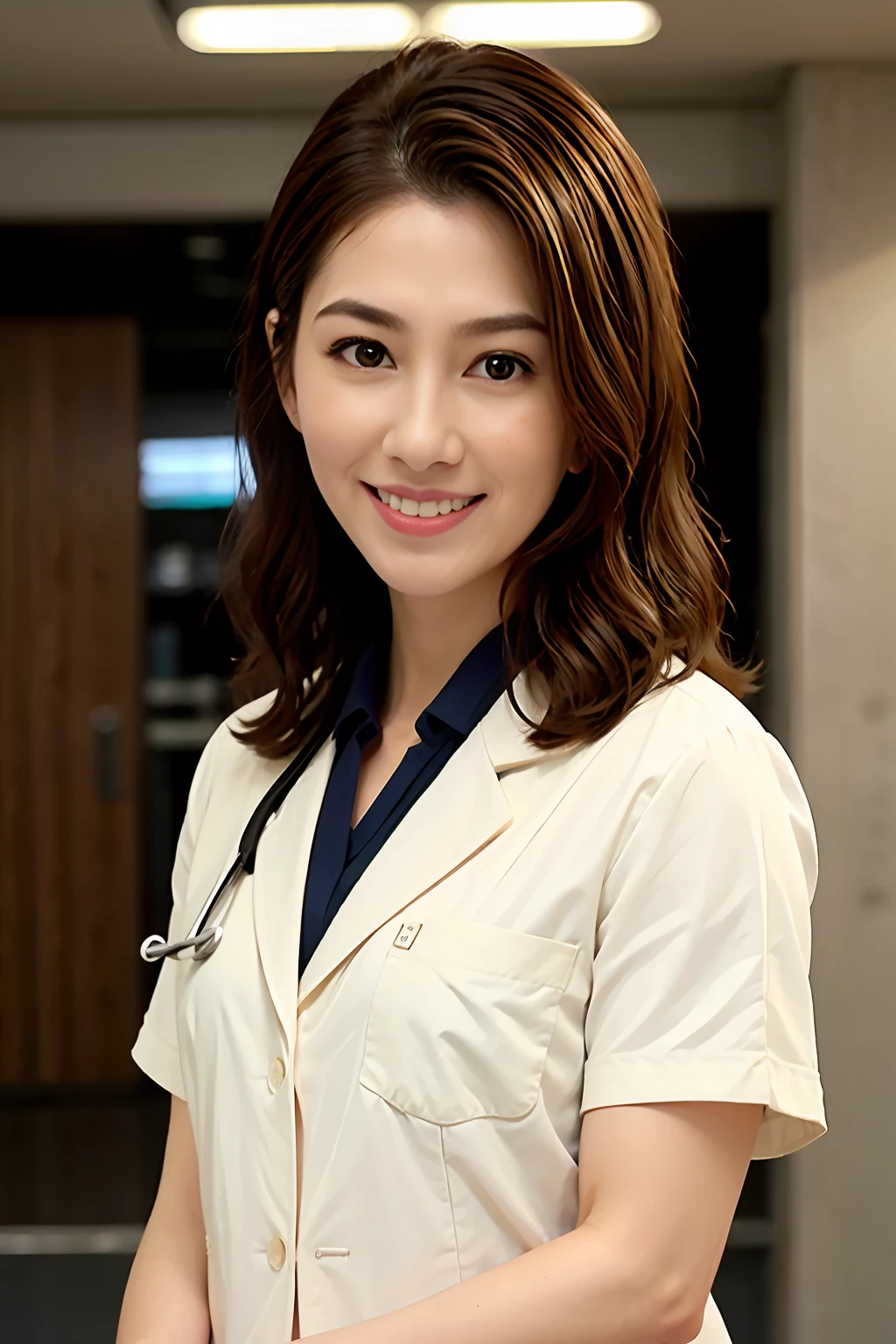 shopping mall, long blonde fringe hair, brown eyes, 1girl, doctor, Stethoscope on neck, smile, innocent, 100mm lens, (photorealistic, lens flare:1.4), look right side,  as doctor, uniform, (intricate details:1.2),(masterpiece, :1.3),(best quality:1.4), (ultra highres:1.2), ultra high res, (detailed eyes), (detailed facial features), HDR, 8k resolution, (Stethoscope), far view, reflections on floor, low cut open cloth