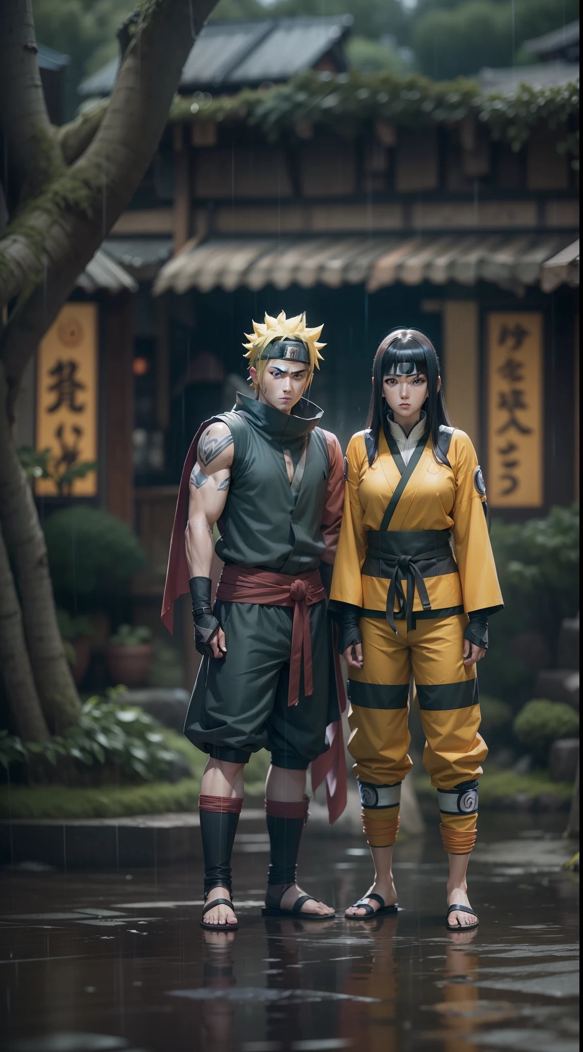 naruto shippuden naruto and hinata super strong, muscular, background Konohagakure (Hidden Leaf Village), raining, 35mm lens, photography, ultra details, precise texture details HDR, UHD,64K,