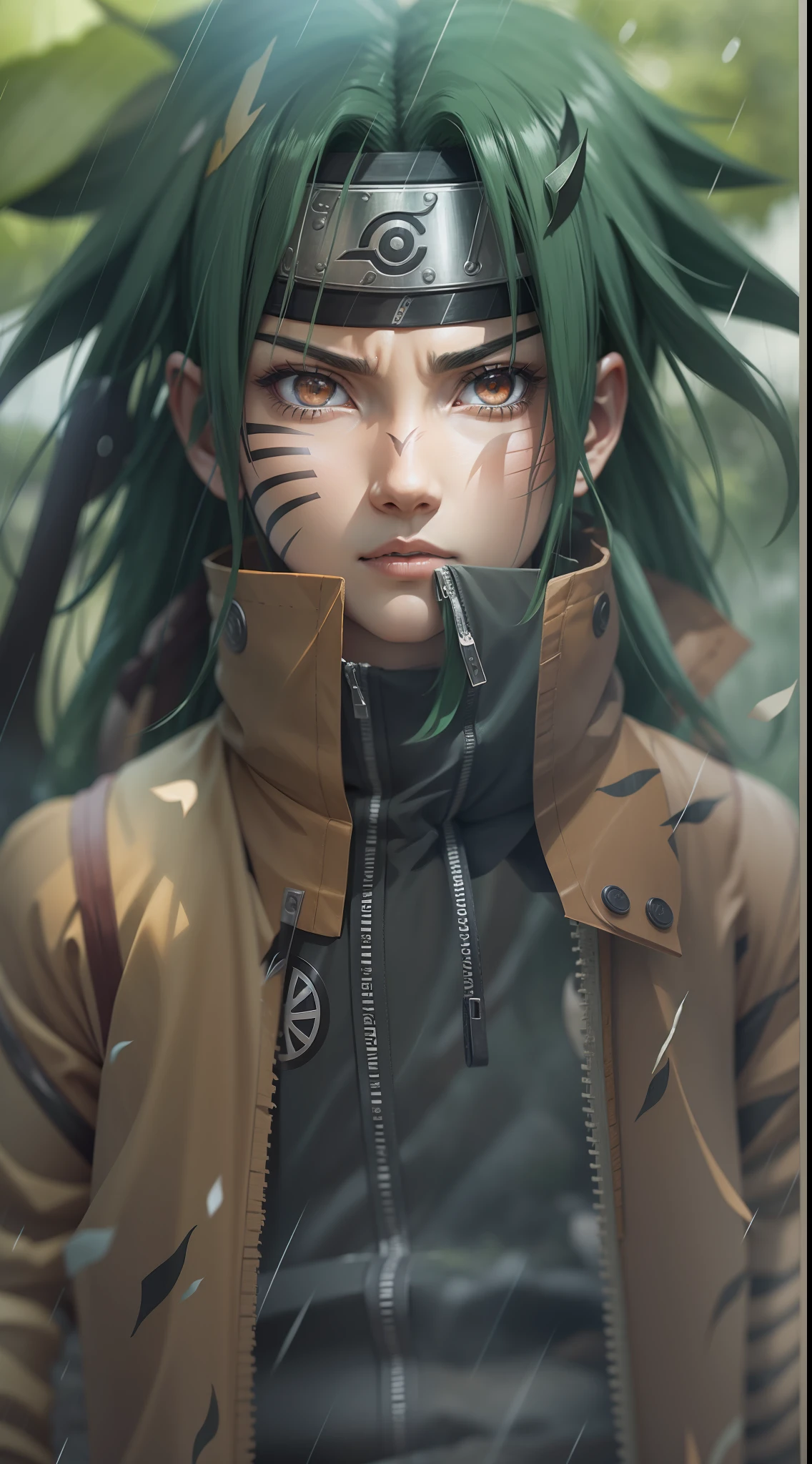 naruto shippuden naruto and hinata super strong, muscular, background Konohagakure (Hidden Leaf Village), raining, 35mm lens, photography, ultra details, precise texture details HDR, UHD,64K,