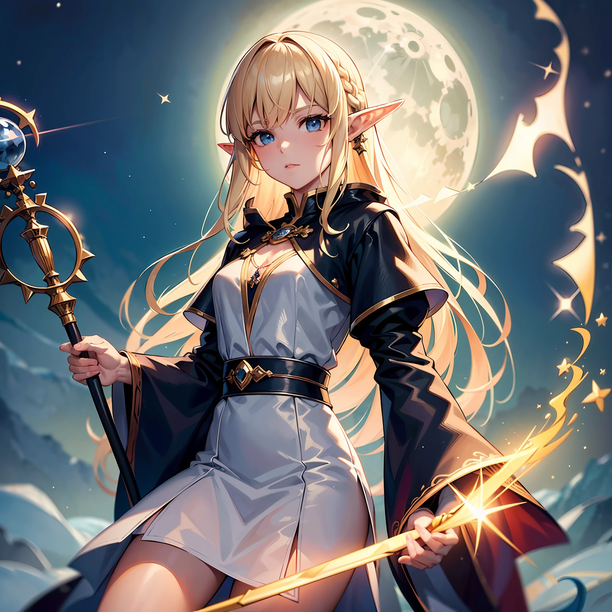 8k, ultra detailed, masterpiece, best quality, (extremely detailed), dynamic angle, anatomically correct, an ultra wide angle picture of a female elf wizard in front of a magical tower (1.5 intricate details, Masterpiece, best quality), female elf (1.5 intricate details, Masterpiece, best quality), beautiful elf, RPG elf (1.5 intricate details, Masterpiece, best quality), holding a magic staff, magical lights and patterns(1.5 intricate details, Masterpiece, best quality), small pointed ears, blond hair, braided hair, magical tower ( 1.5, intense details, masterpiece), flowing robe, black robe with stars on it, (1.5 intricate details, Masterpiece, best quality). moon rays, stars, moon light, night time,