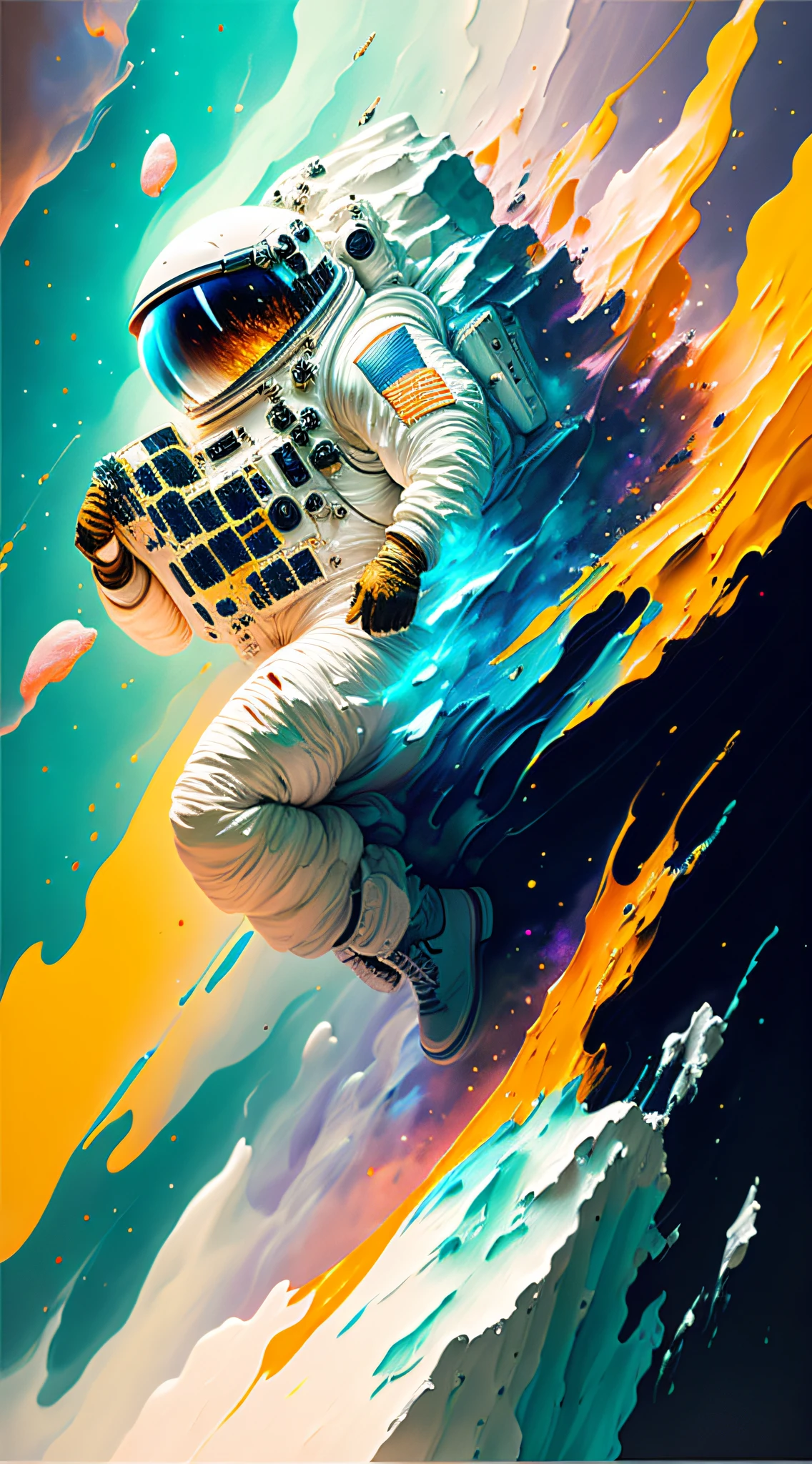astronaut, climbing the asteroid, character render, ultra high quality model, ethereal background, abstract beauty, explosive volumetric, oil painting, heavy strokes, paint dripping