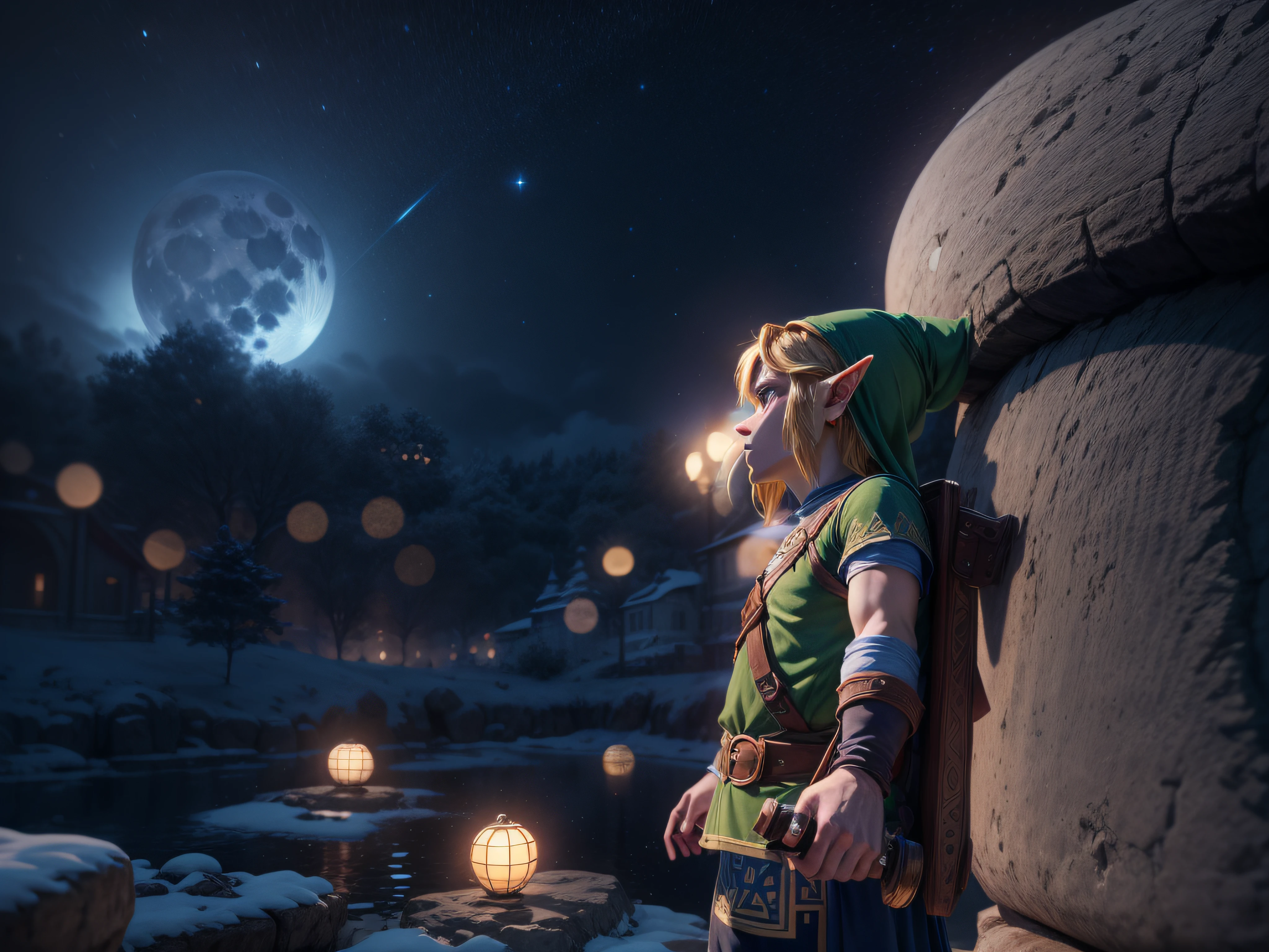A aparência imponente de Link do jogo the legend of zelda, menacing stare, ricamente detalhado, Hiper realista, 3D-rendering, obra-prima, NVIDIA, RTX, ray-traced, Bokeh, Night sky with a huge and beautiful full moon, estrelas brilhando,