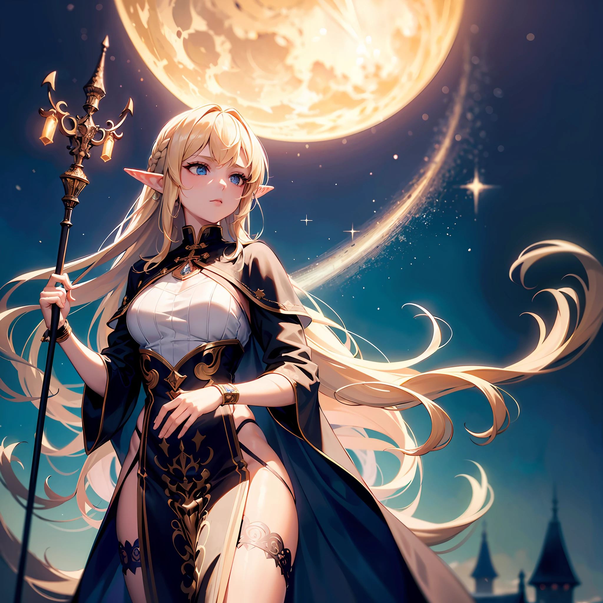 8k, ultra detailed, masterpiece, best quality, (extremely detailed), dynamic angle, anatomically correct, an ultra wide angle picture of a female elf wizard in front of a magical tower (1.5 intricate details, Masterpiece, best quality), female elf (1.5 intricate details, Masterpiece, best quality), beautiful elf, RPG elf (1.5 intricate details, Masterpiece, best quality), holding a magic staff, magical lights and patterns(1.5 intricate details, Masterpiece, best quality), small pointed ears, blond hair, braided hair, magical tower ( 1.5, intense details, masterpiece), flowing robe, black robe with stars on it, (1.5 intricate details, Masterpiece, best quality). moon rays, stars, moon light, night time,
