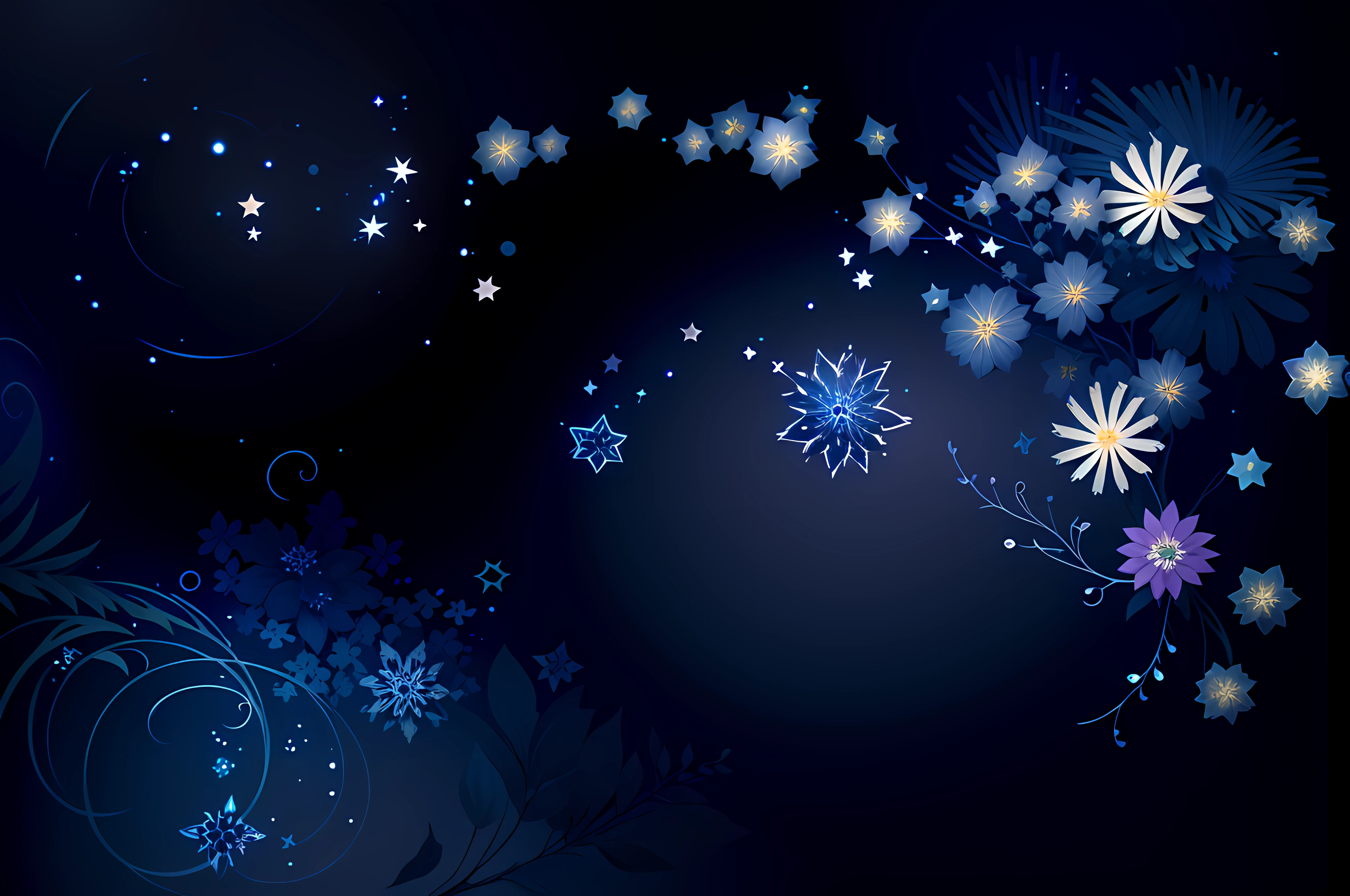 There is blue background with white flowers and stars, Night background, background artwork, Magical background, night sky full of flowers, Magnificent background, indigo background, intricate sparkling atmosphere, fairy tale style background, Cosmic night background, opalescent night background, clematis theme banner, Starry background, stylishly designed background, Dark blue background, Simple background