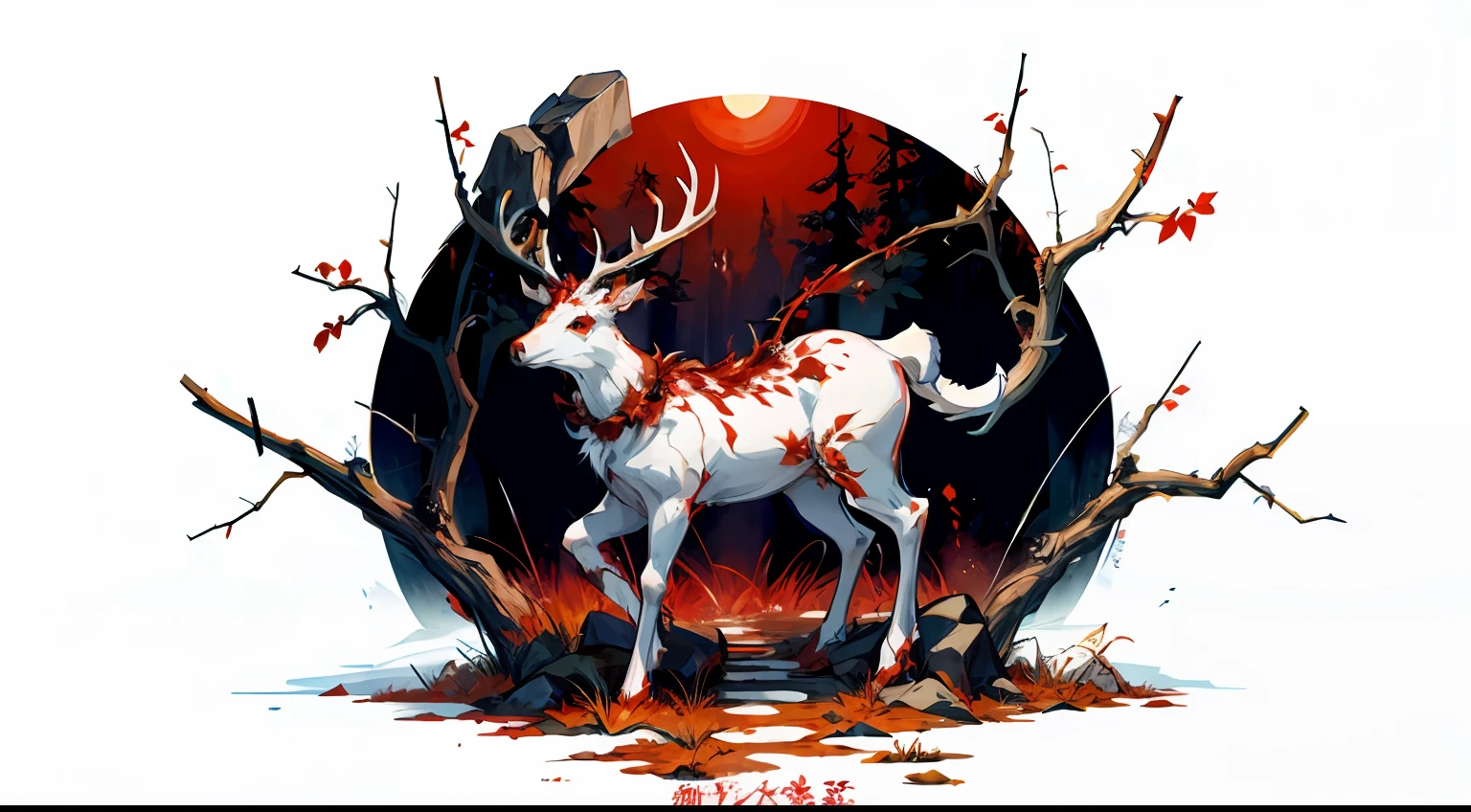 Pure white background，（（A deer）），（Its body is covered with black thorns），Those thorns pierced its skin，Let it turn red。When it walks，Blood kept dripping on the ground，Let the ground rise with an eternal red flame。