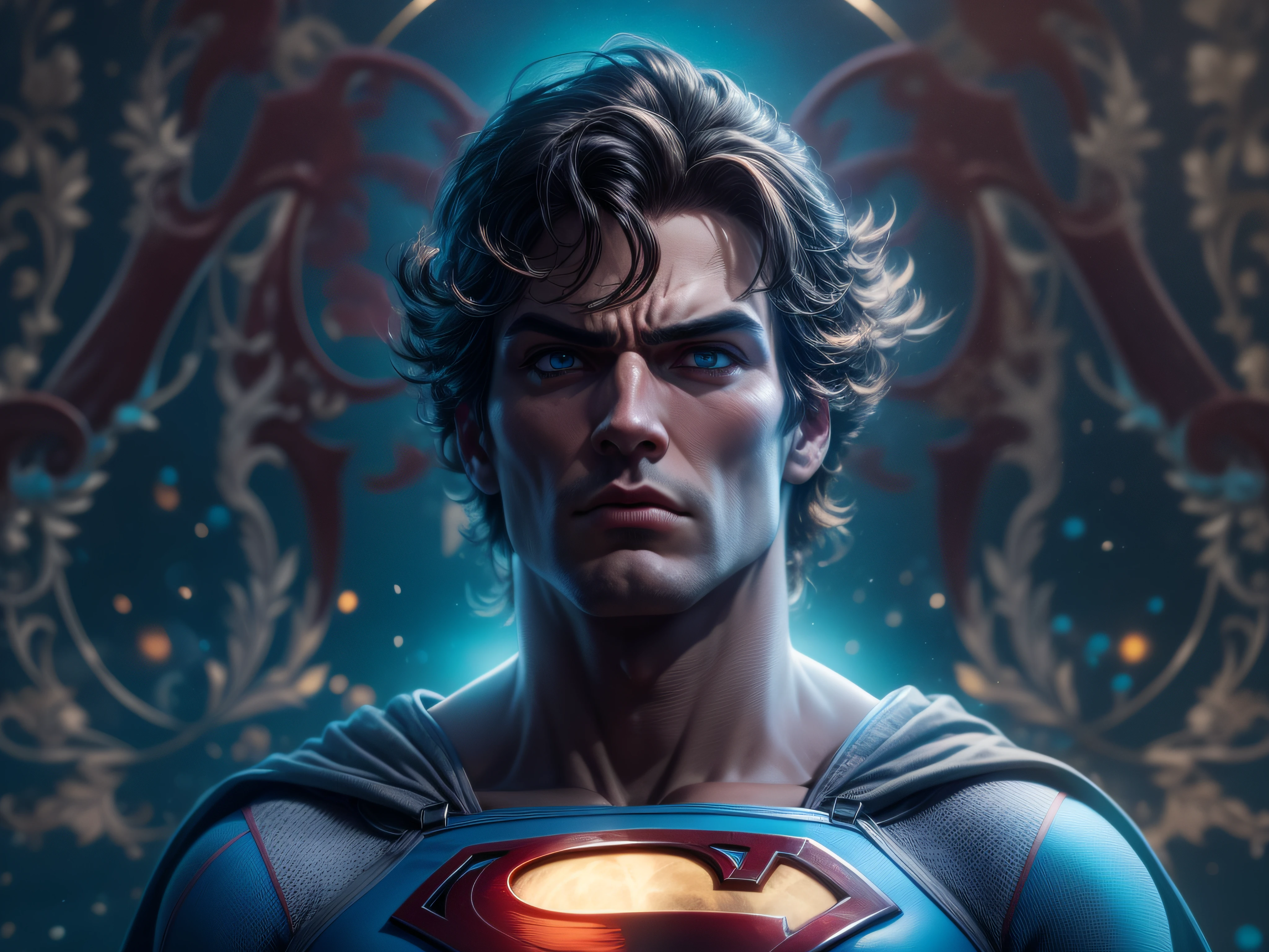 Close a powerful threat, The imposing appearance of the mighty Superman dressed in sky blue and beige uniform, logo S aceso por um anel de neon, menacing stare, ricamente detalhado, Hiper realista, 3D-rendering, obra-prima, NVIDIA, RTX, ray-traced, Bokeh, Night sky with a huge and beautiful full moon, estrelas brilhando, 8k,