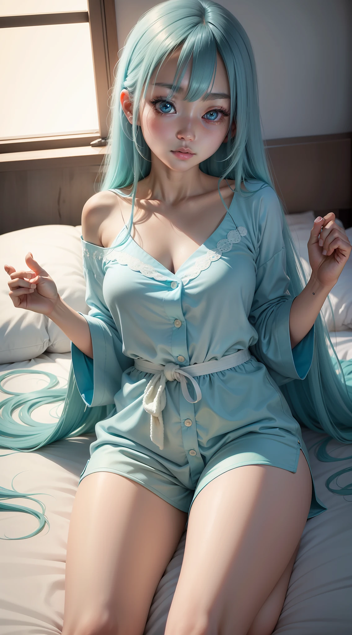 4K realistic,20 years old Japanese girl,Long cyan hair that reaches the waist,pyjamas,Big cyan eyes,White panties exposed,Lie down in bed