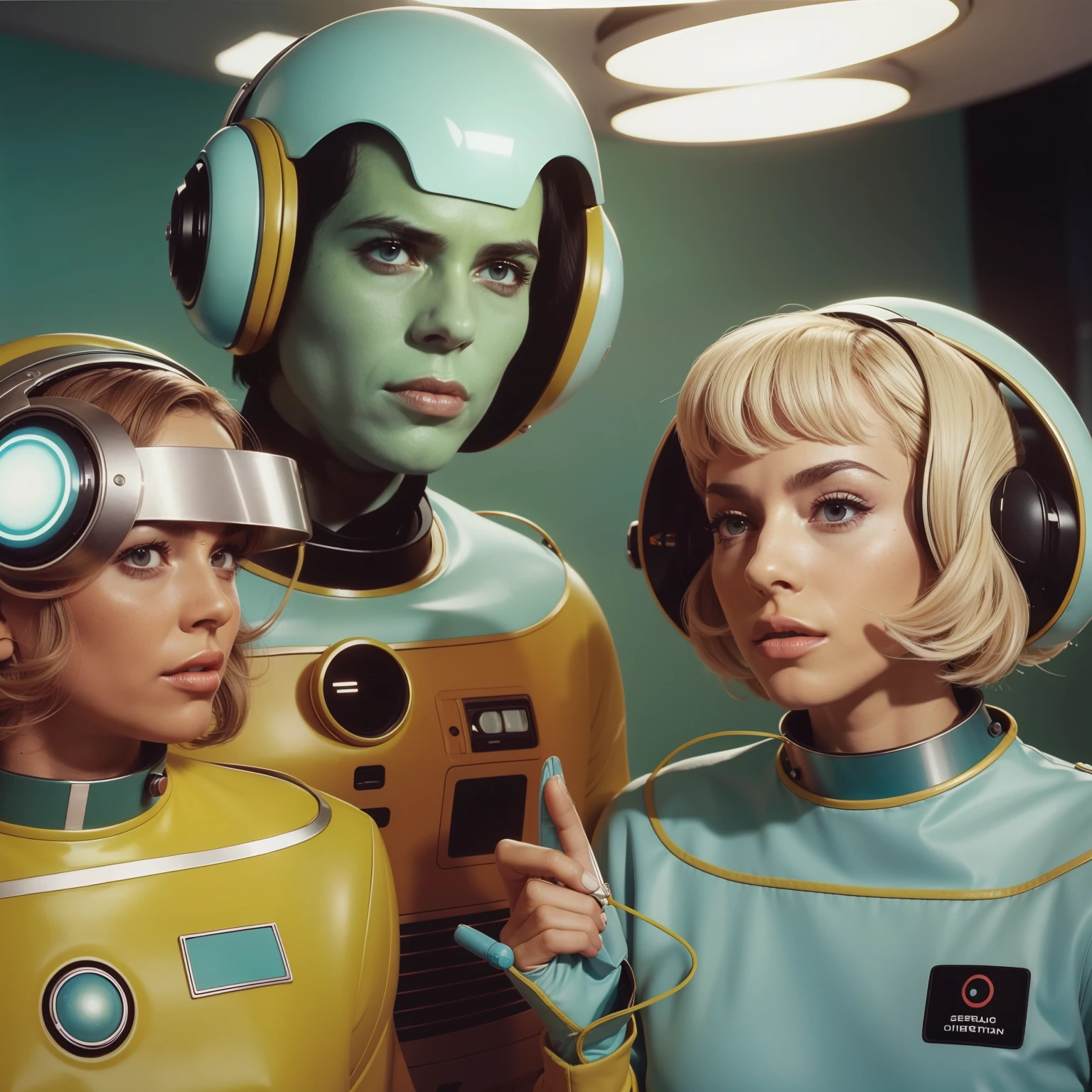 4k image from a 1970s science fiction film, imagem real, Estilo Wes Anderson, pastels colors, people wearing retro-futuristic fashion clothes and futuristic technological ornaments and devices in the cafeteria, Luz Natural, cinemactic, Psicodelia, futurista estranho, retro-futurista, photo-realistic, olhos reais, perfect hands, cabelo perfeito, ricos detalhes do rosto, hiper detalhado, hyper realistic, textura real da pele, texturas de tecido real, Sharp background details, sharp render, Sci-fi dos anos 1970,