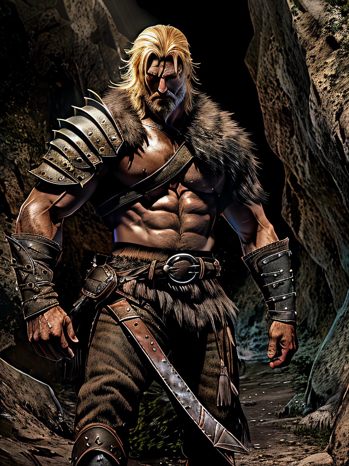 Beowulf, the epic sense, a warrior in torn leather, muscular, scarred, short blond hair, tall, noble, extremely strong, with a dim cave in the background, a shadow in the distance, high contrast, glossy skin, backlit, HDR, hyper details,